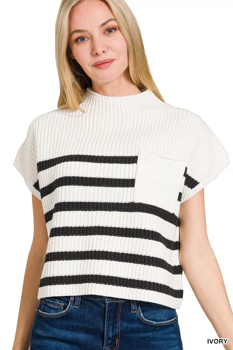Zenana Striped Short Sleeve Sweater in Ivory