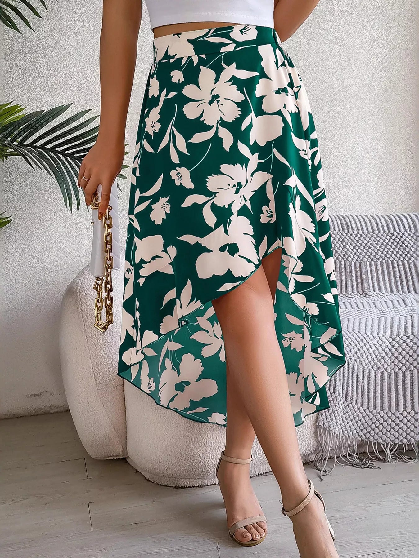Floral Ruffle Hem Asymmetrical Skirt