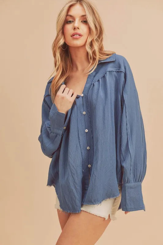 Raw Hem Raglan Sleeve Shirt in Dusty Blue