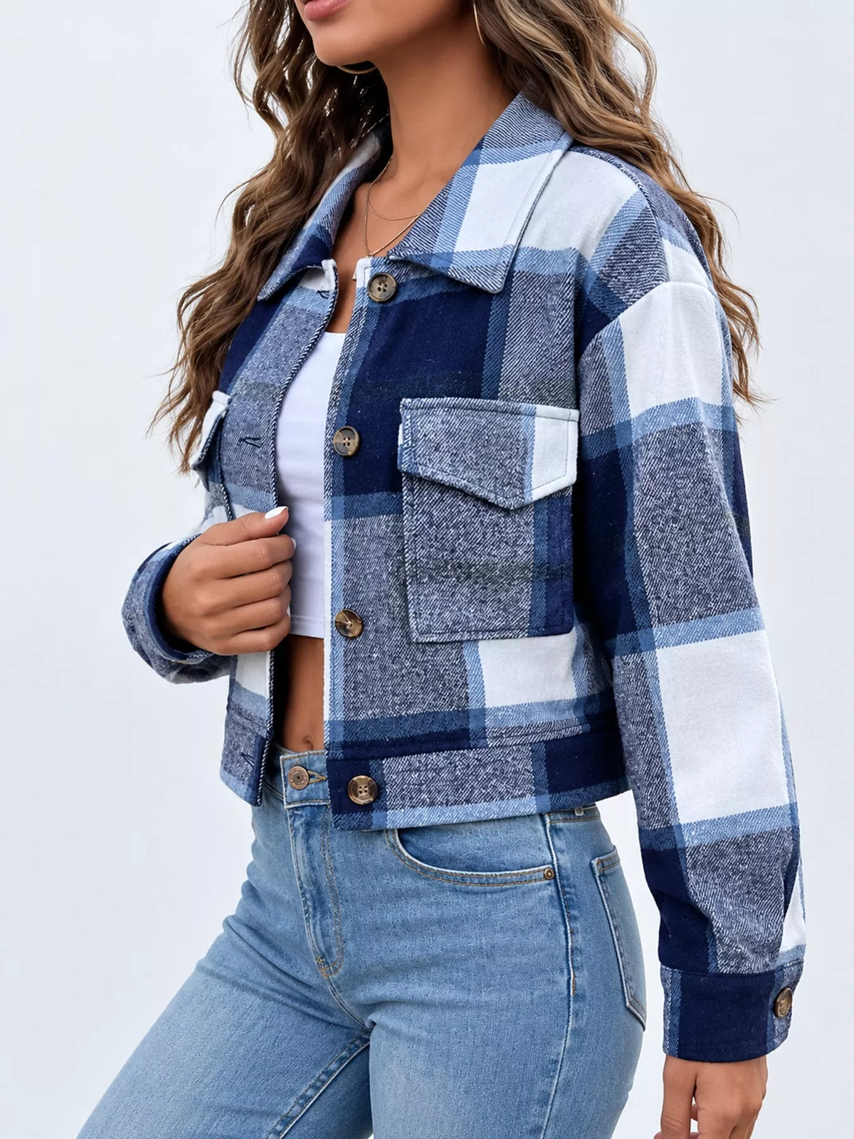 Plaid Button-Up Cropped Jacket