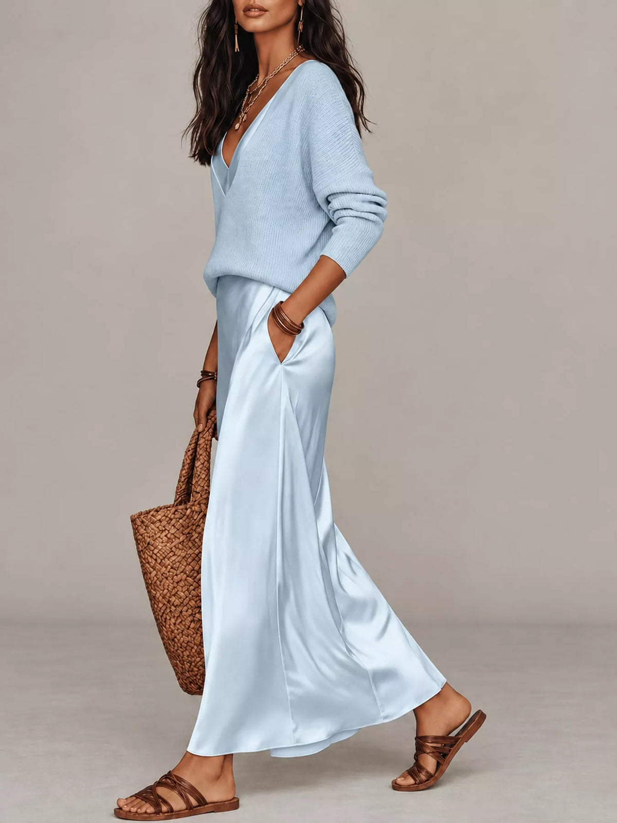 V-Neck Top and Satin Midi Skirt Set