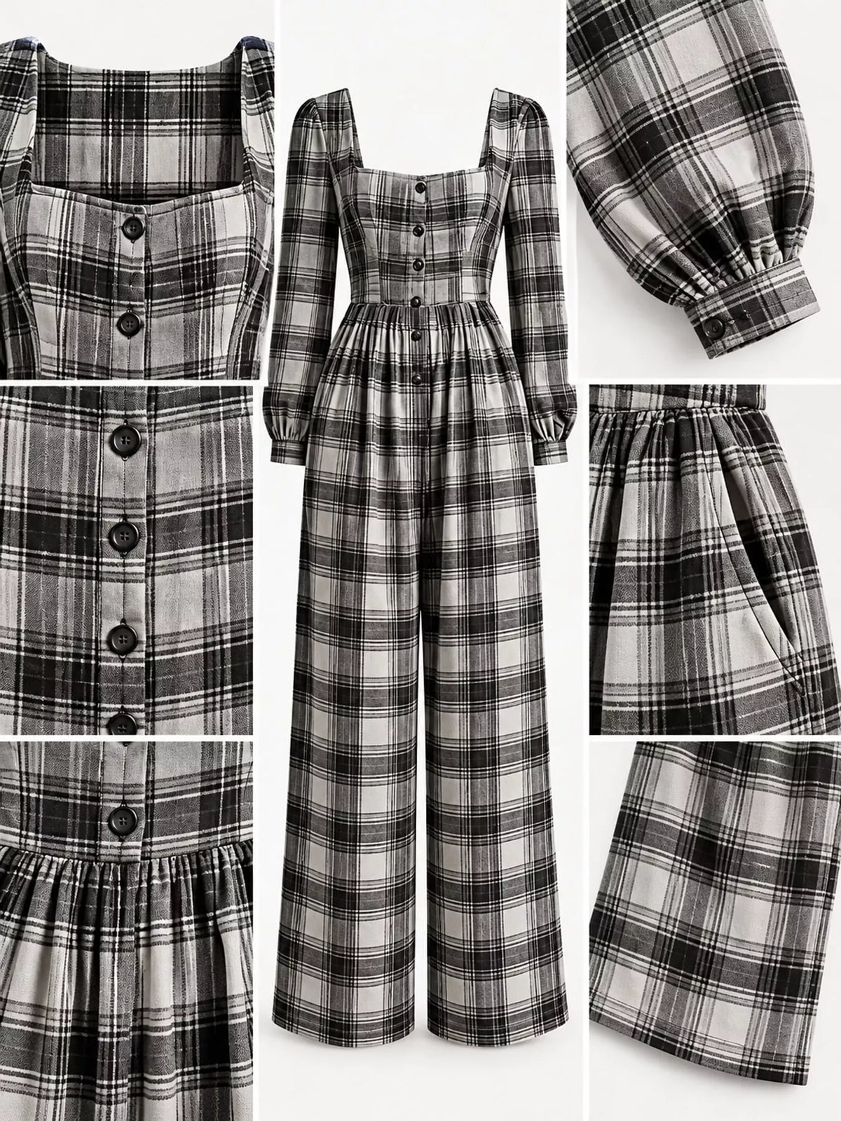 Plaid Square-Neck Wide-Leg Jumpsuit