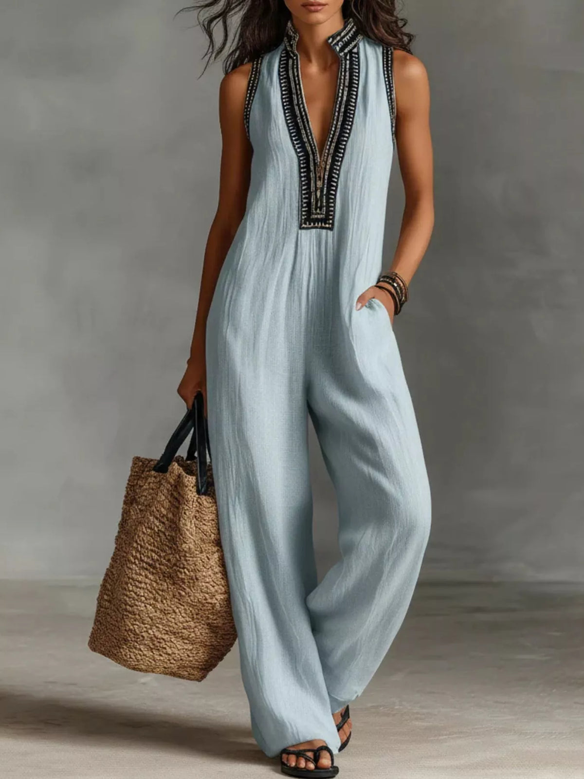Embroidered Sleeveless Wide Leg Jumpsuit