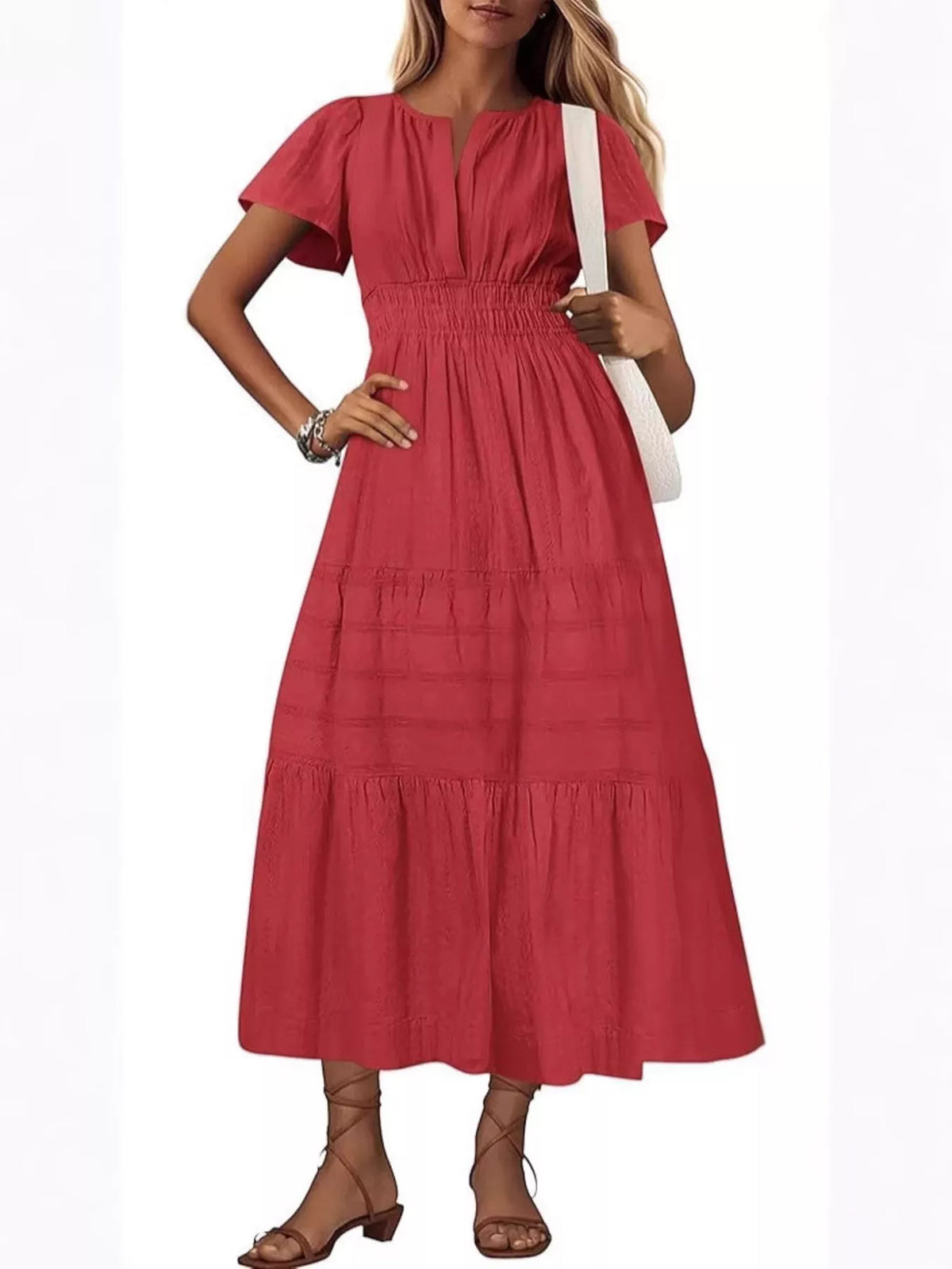 Short Sleeve Tiered Midi Dress with Pockets