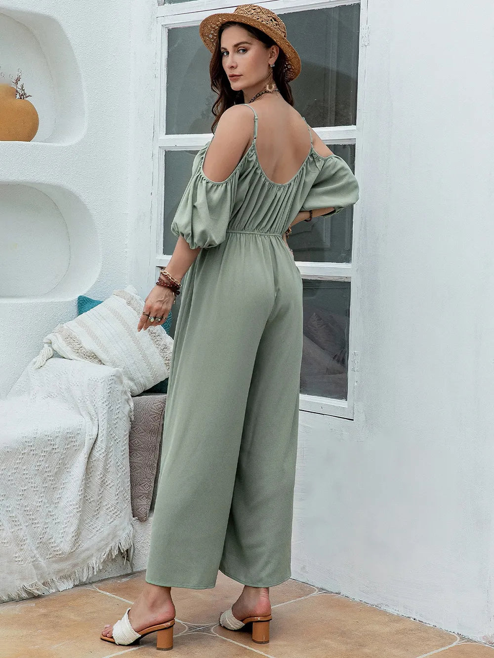 Spaghetti Strap Wide Leg Jumpsuit in Sage