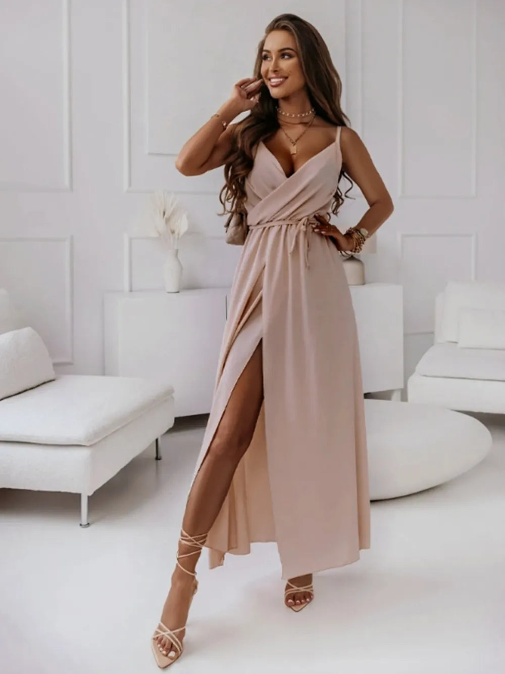 Tied Surplice Cami Dress in Pale Blush