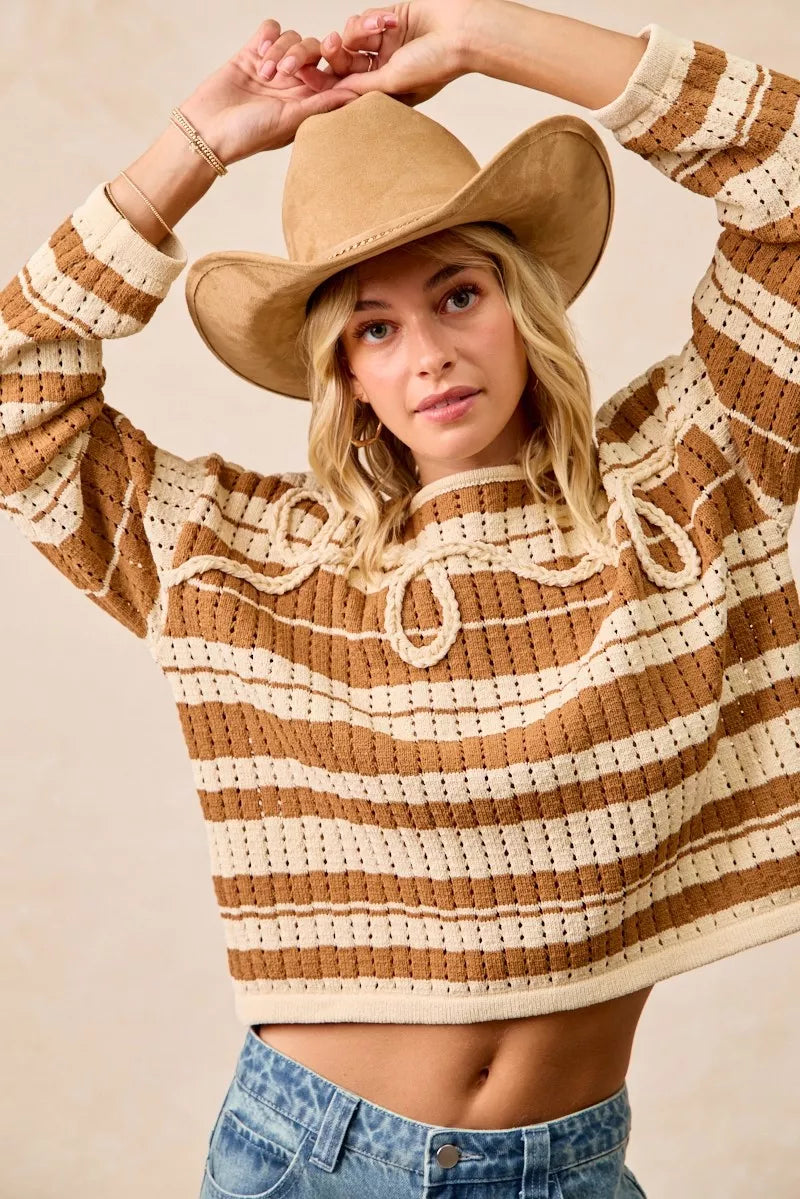 Striped Open-Knit Sweater Top in Brown by BiBi
