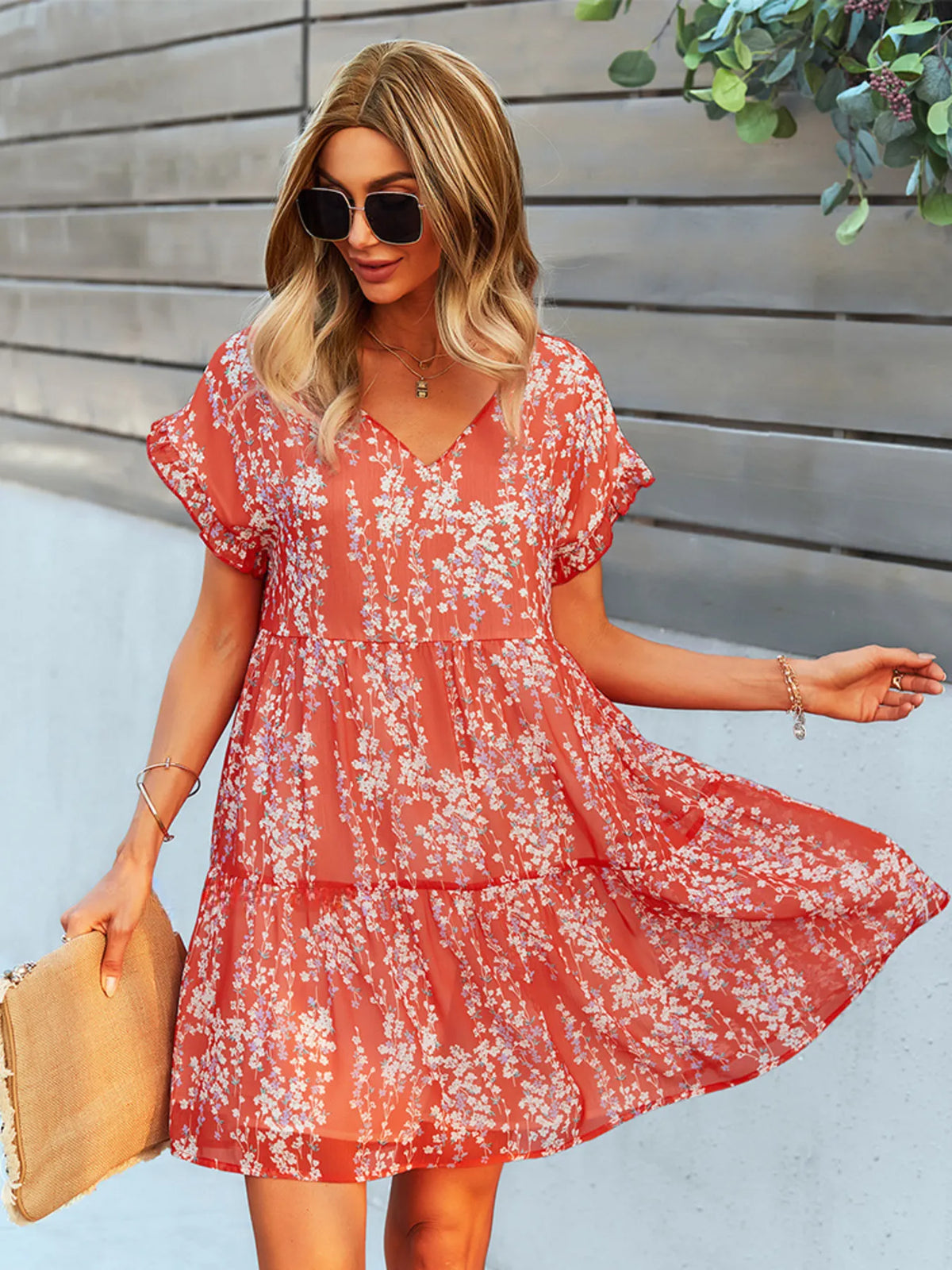 Floral V-Neck Tiered Ruffle Mini Dress by Elaine