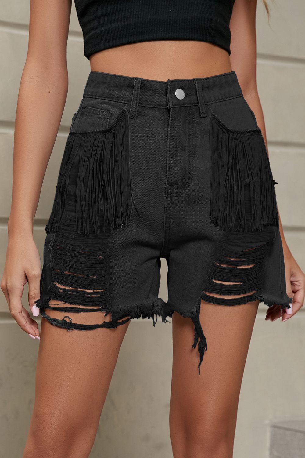 Fringe Trim Distressed Denim Shorts with Pockets by Manny