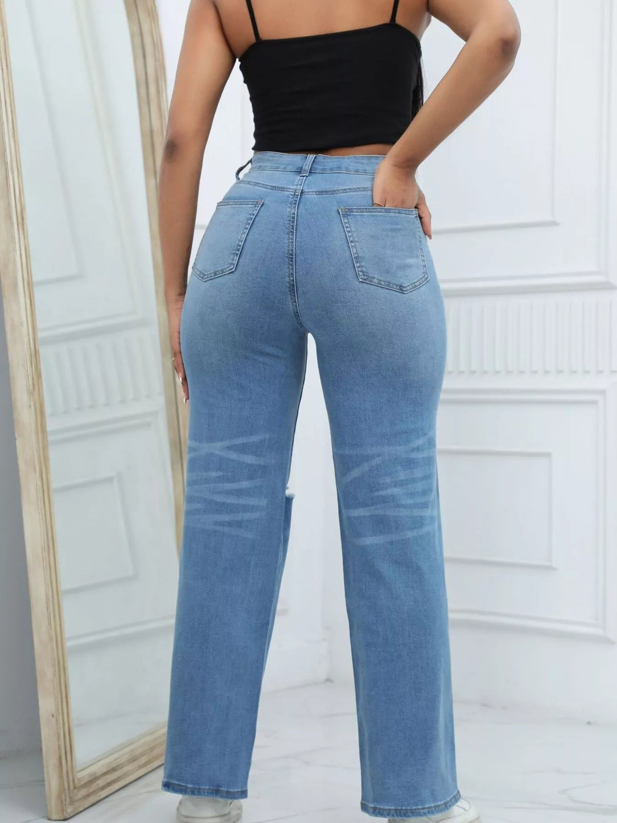 Distressed Wide Leg Jeans with Cat's Whisker Detail