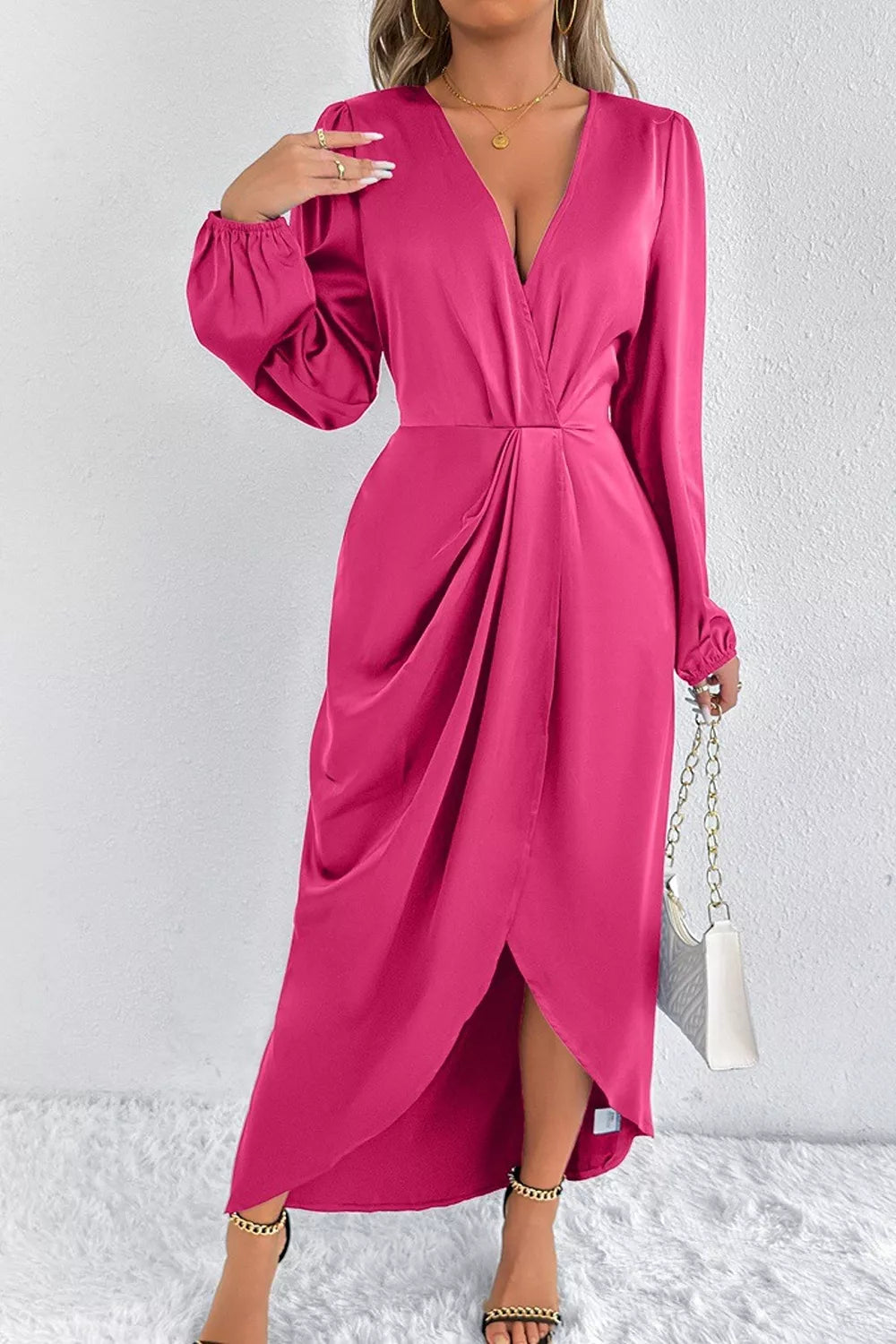 Satin Balloon Sleeve Midi Dress with Side Split