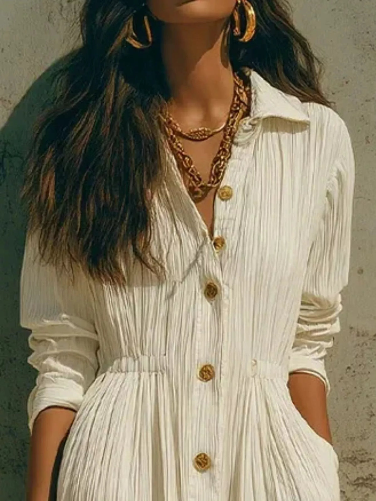 Textured Button-Down Long Sleeve Maxi Dress