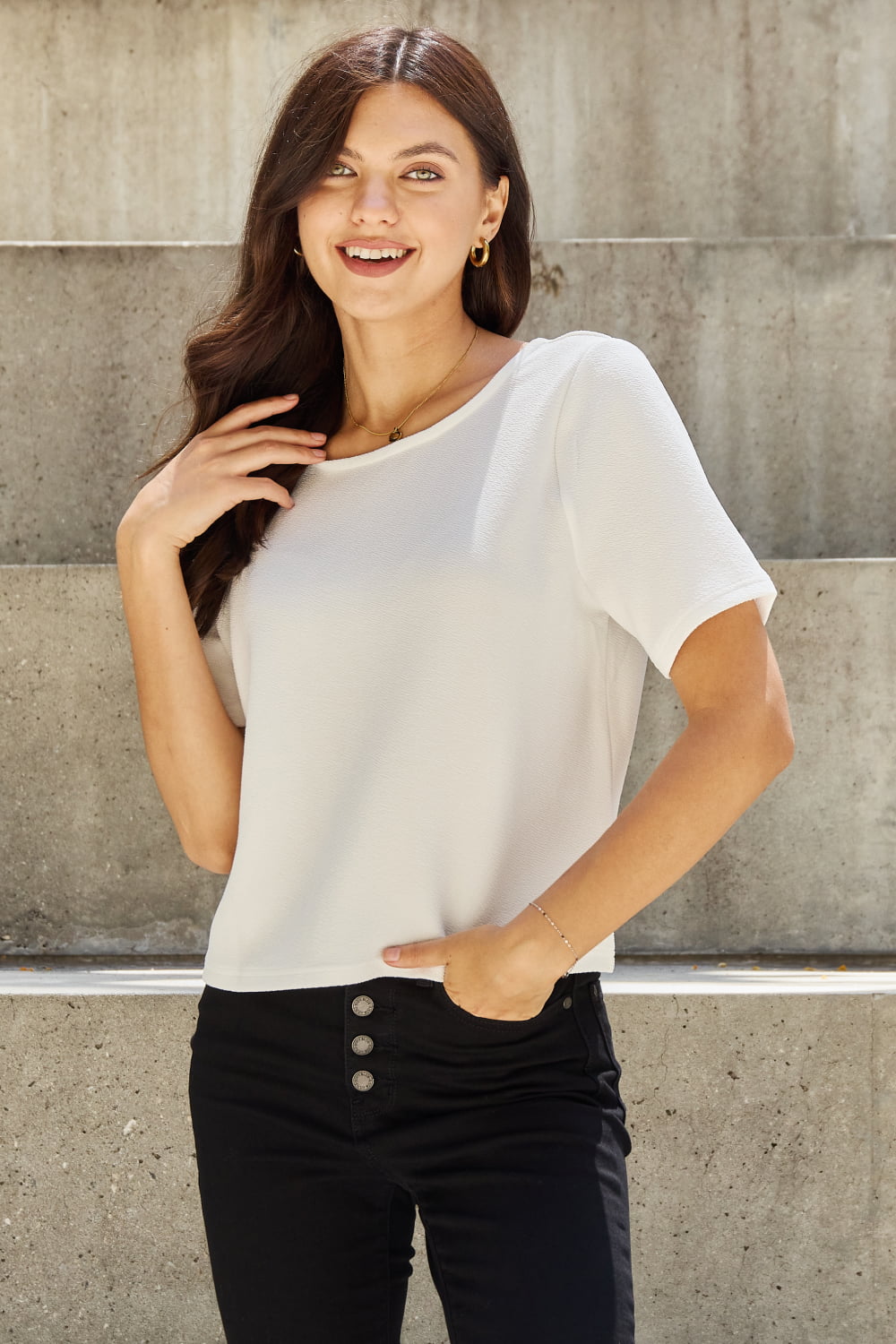 And The Why Criss Cross Pearl Open Back Top in Off White