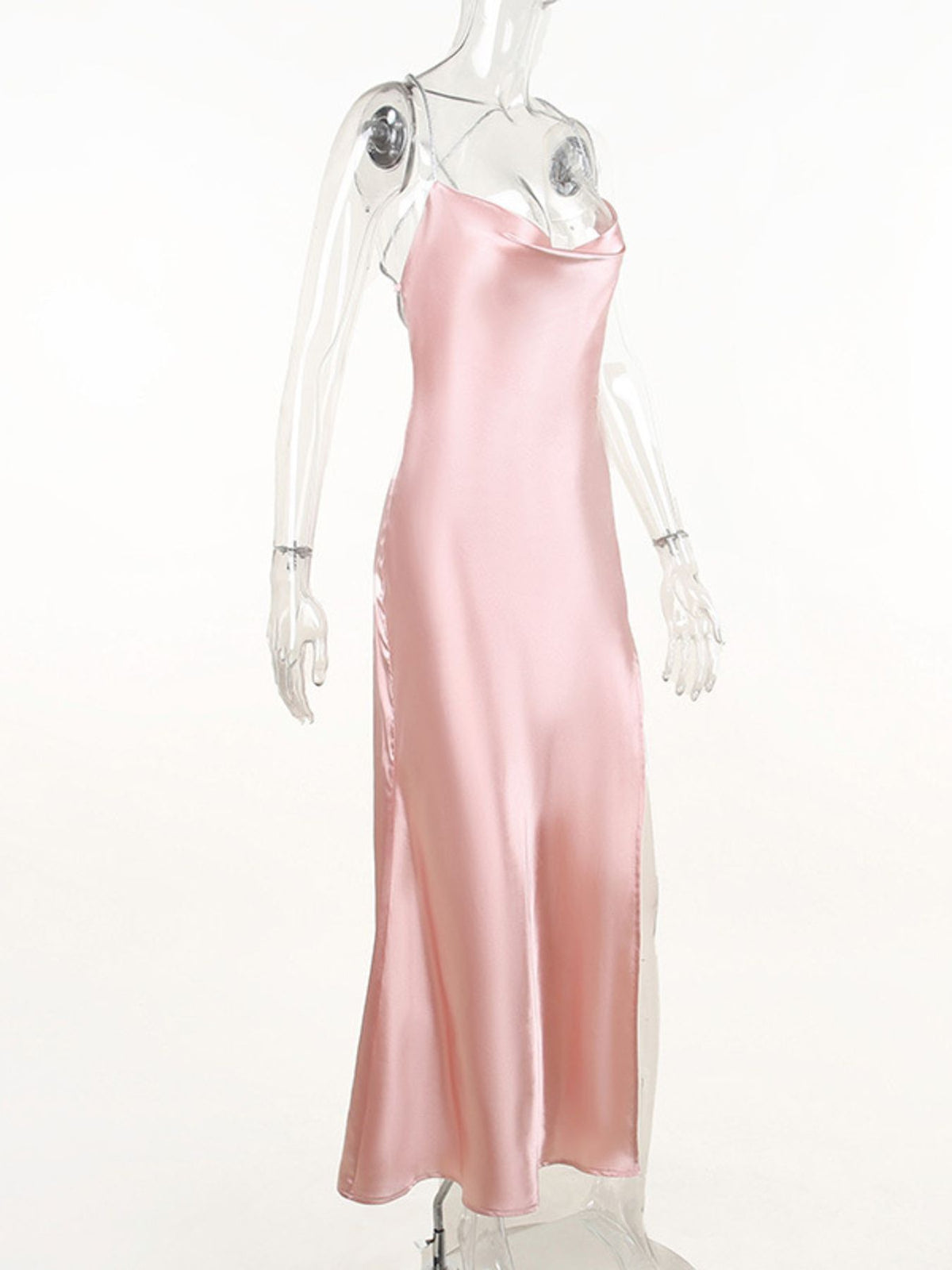 Satin Cowl Neck High-Slit Dress with Lace-Up Back