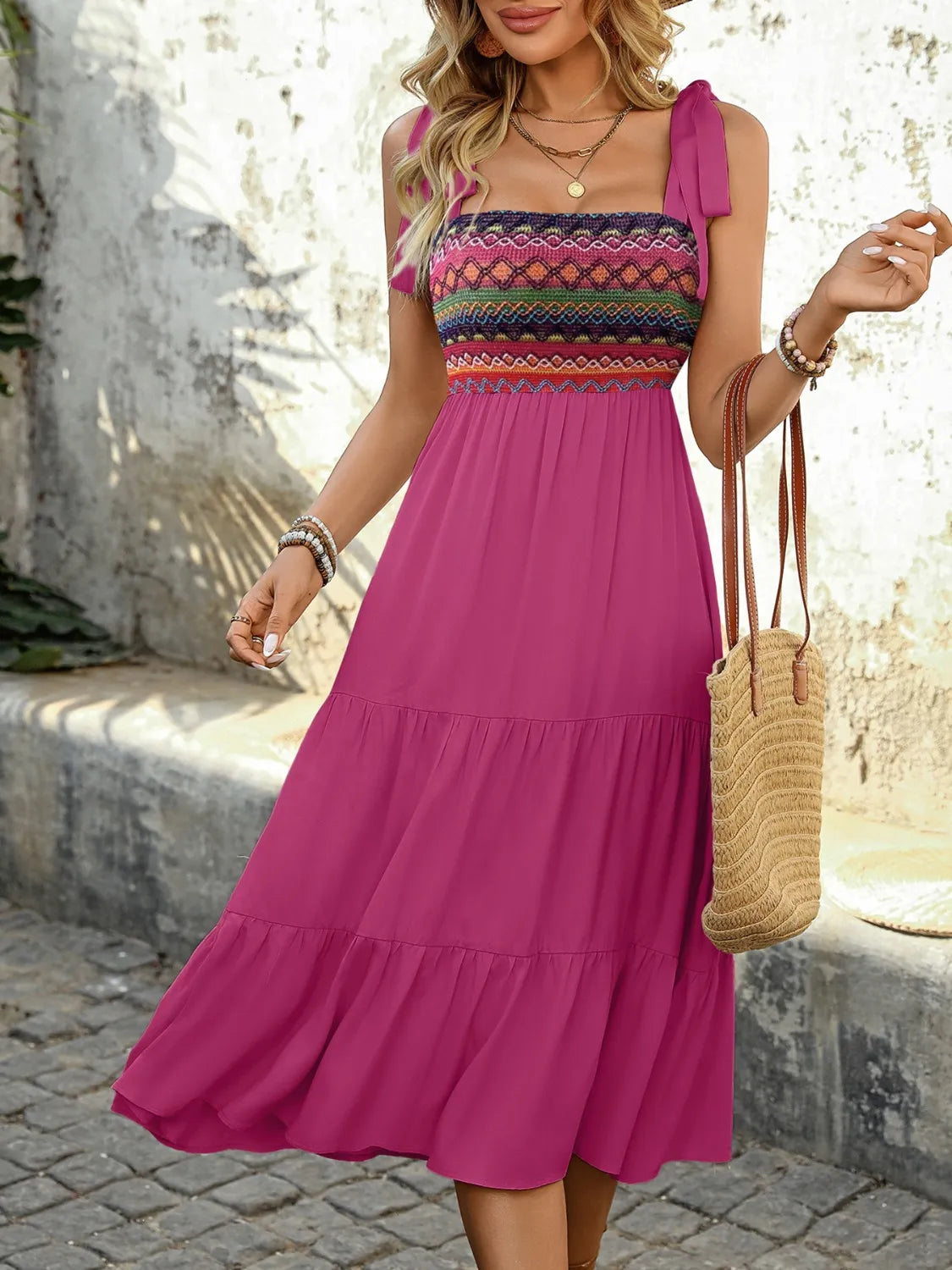 Tie-Shoulder Tiered Midi Dress in Cerise