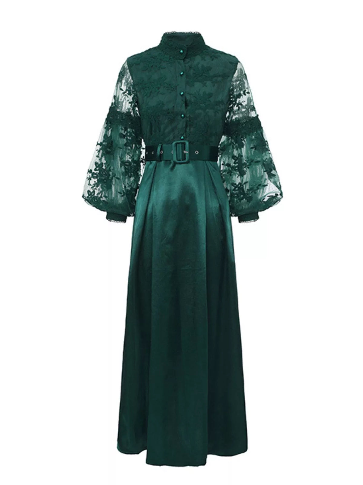 Lace Lantern Sleeve Belted Maxi Dress
