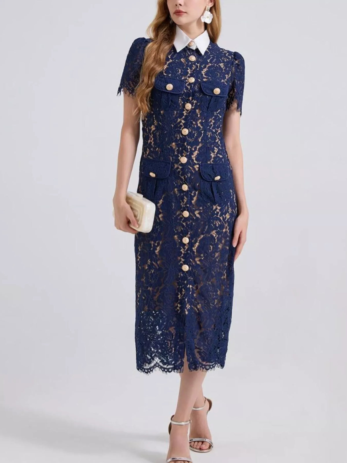 Lace Button-Down Midi Dress in Blue