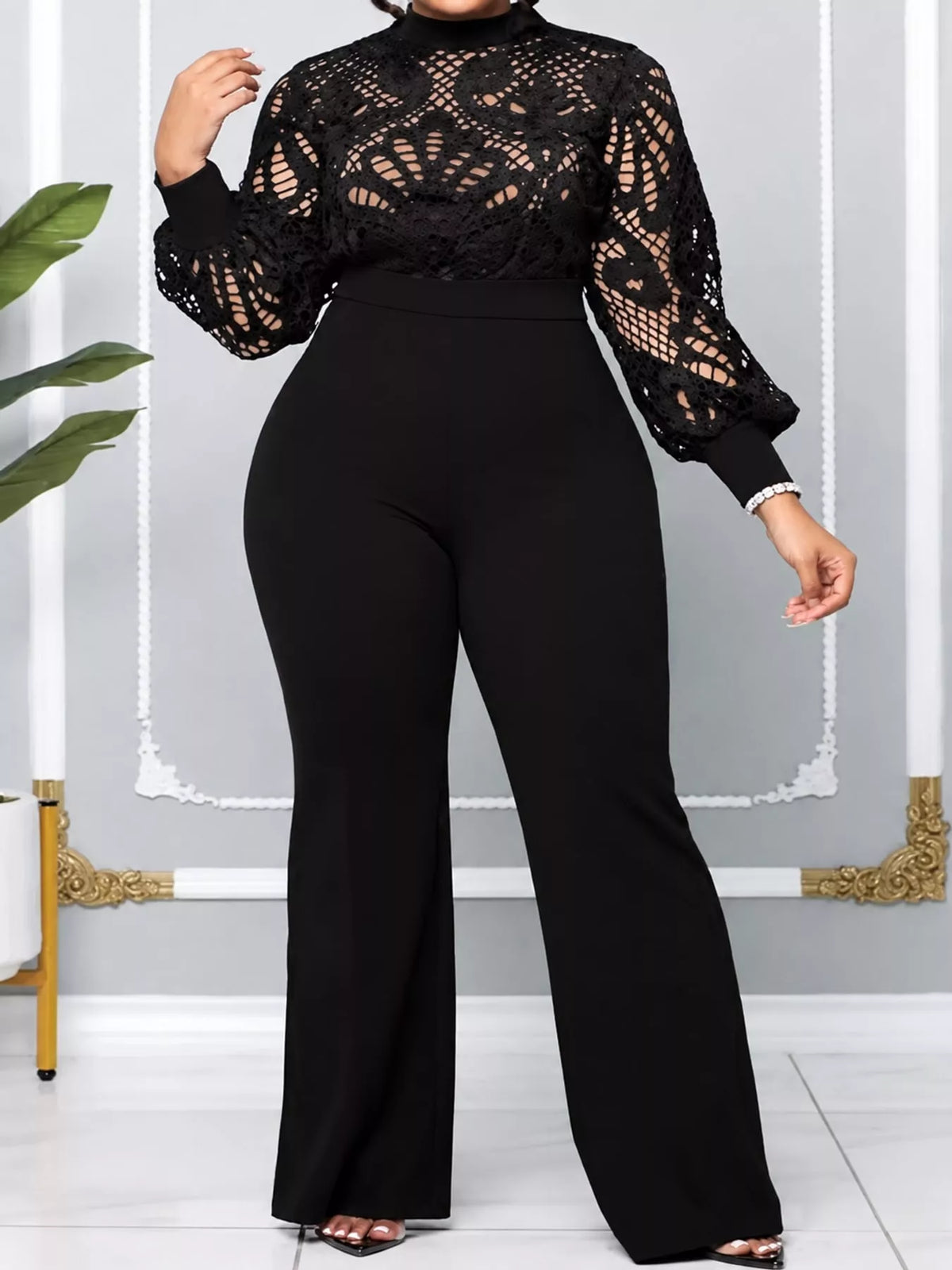 Lace Lantern Sleeve Flare Jumpsuit
