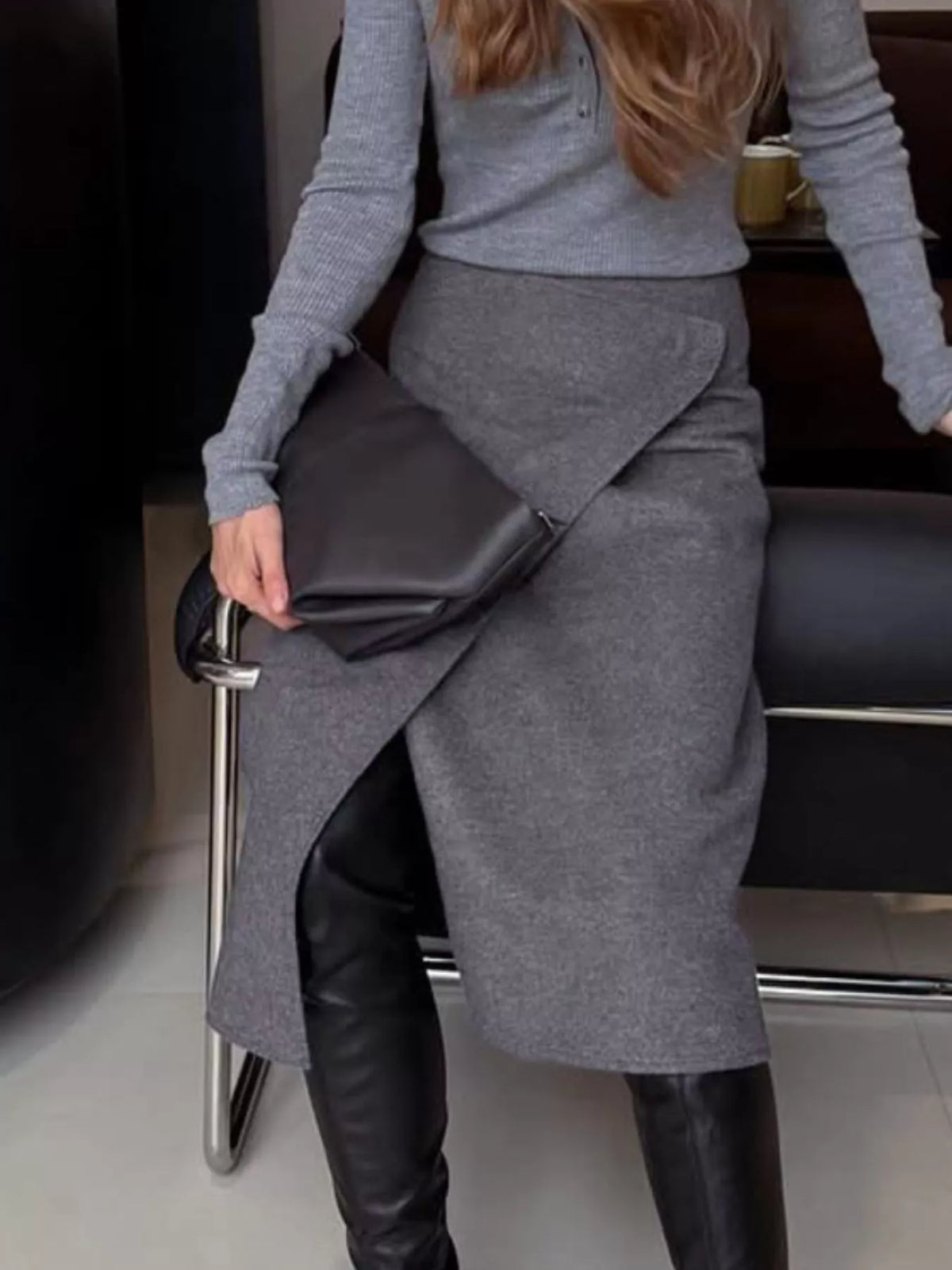 High-Waisted Wrap Midi Skirt in Gray