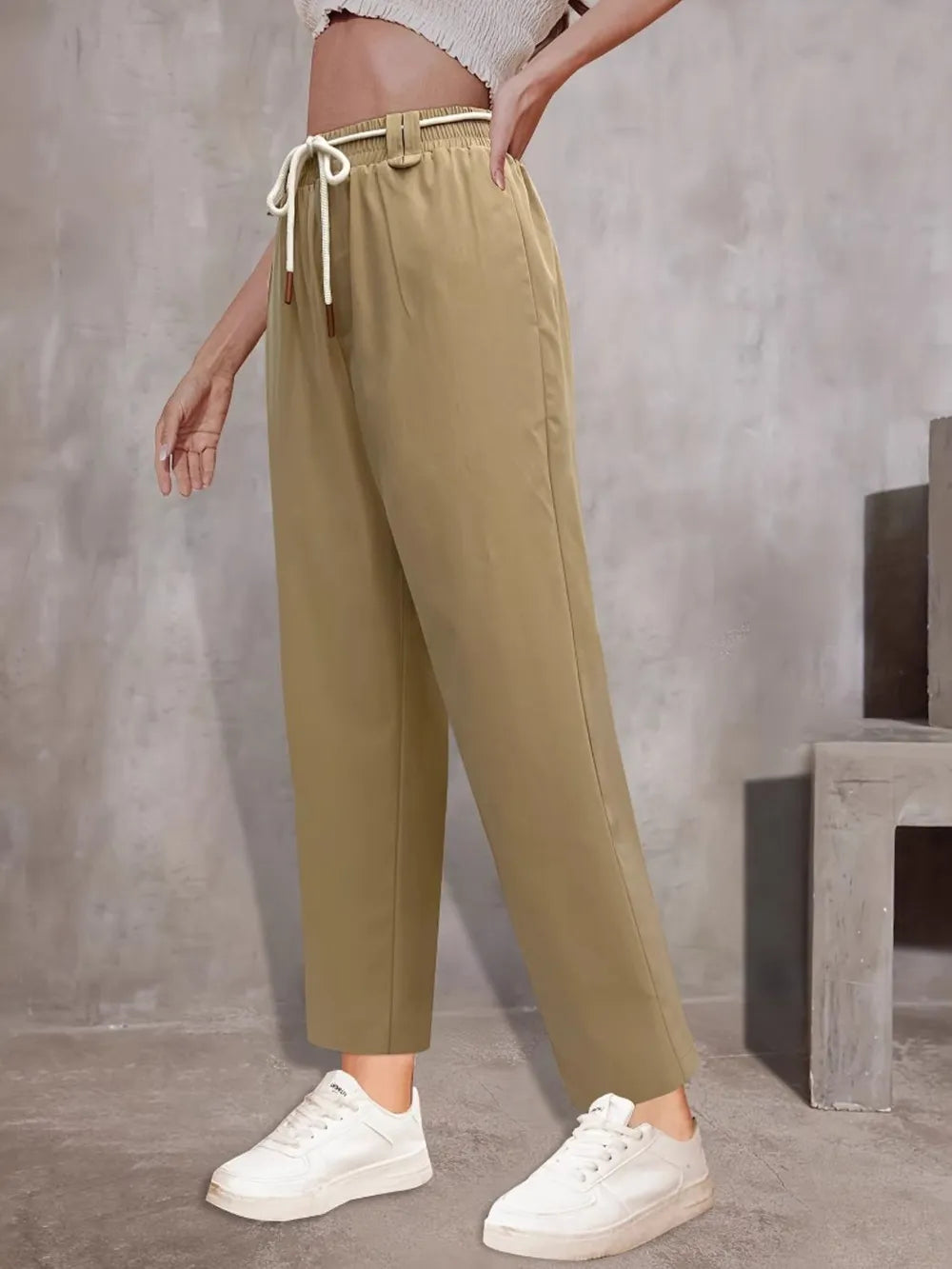 Tie Waist Straight Leg Pants in Khaki
