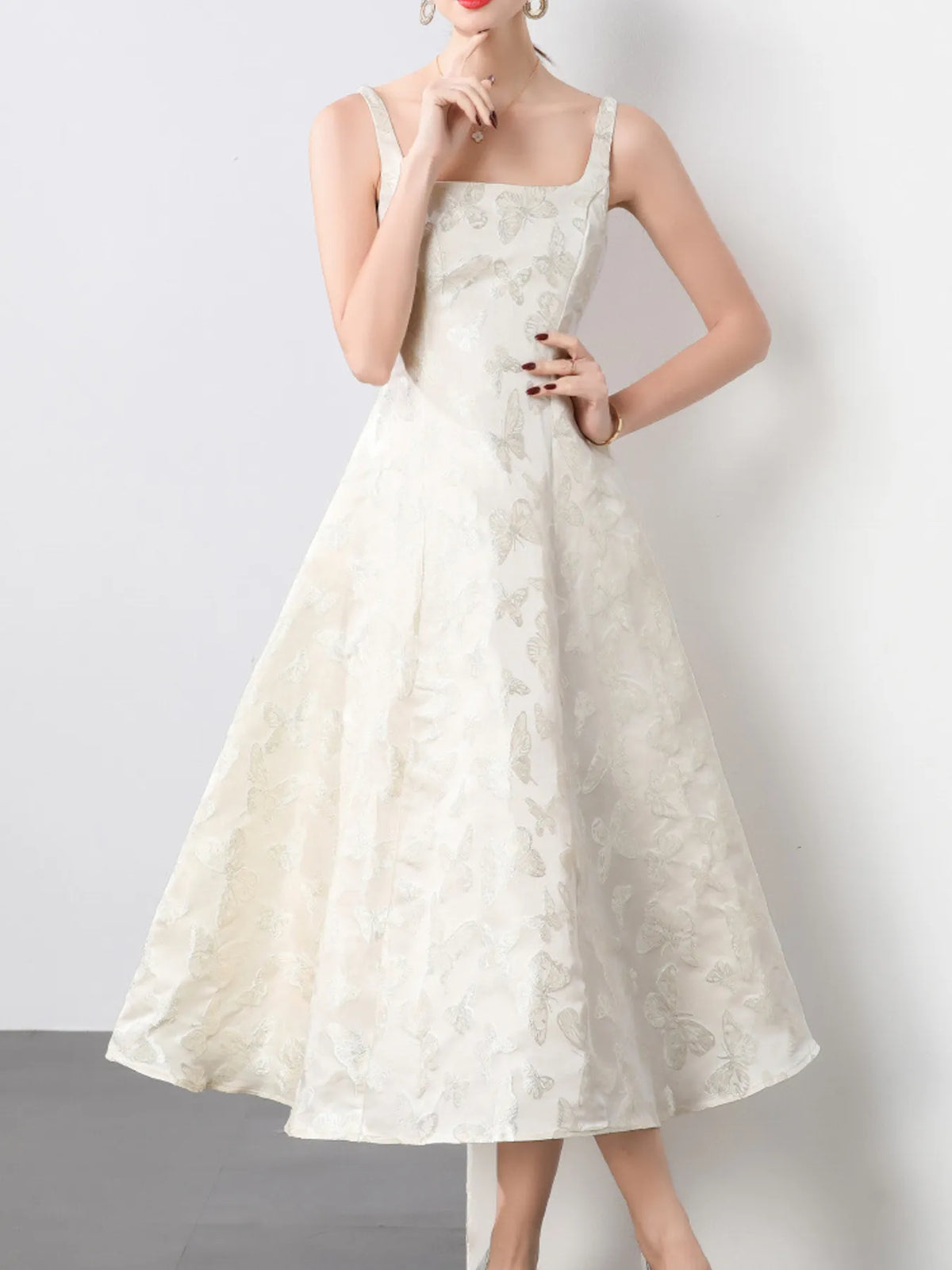 Butterfly Embroidered A-Line Midi Dress in Apricot