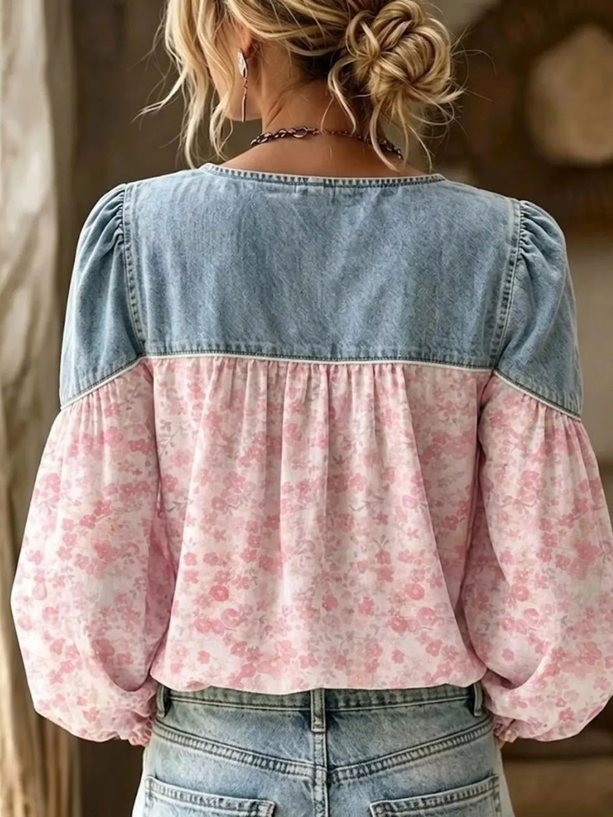 Denim Patchwork Floral Button-Up Top