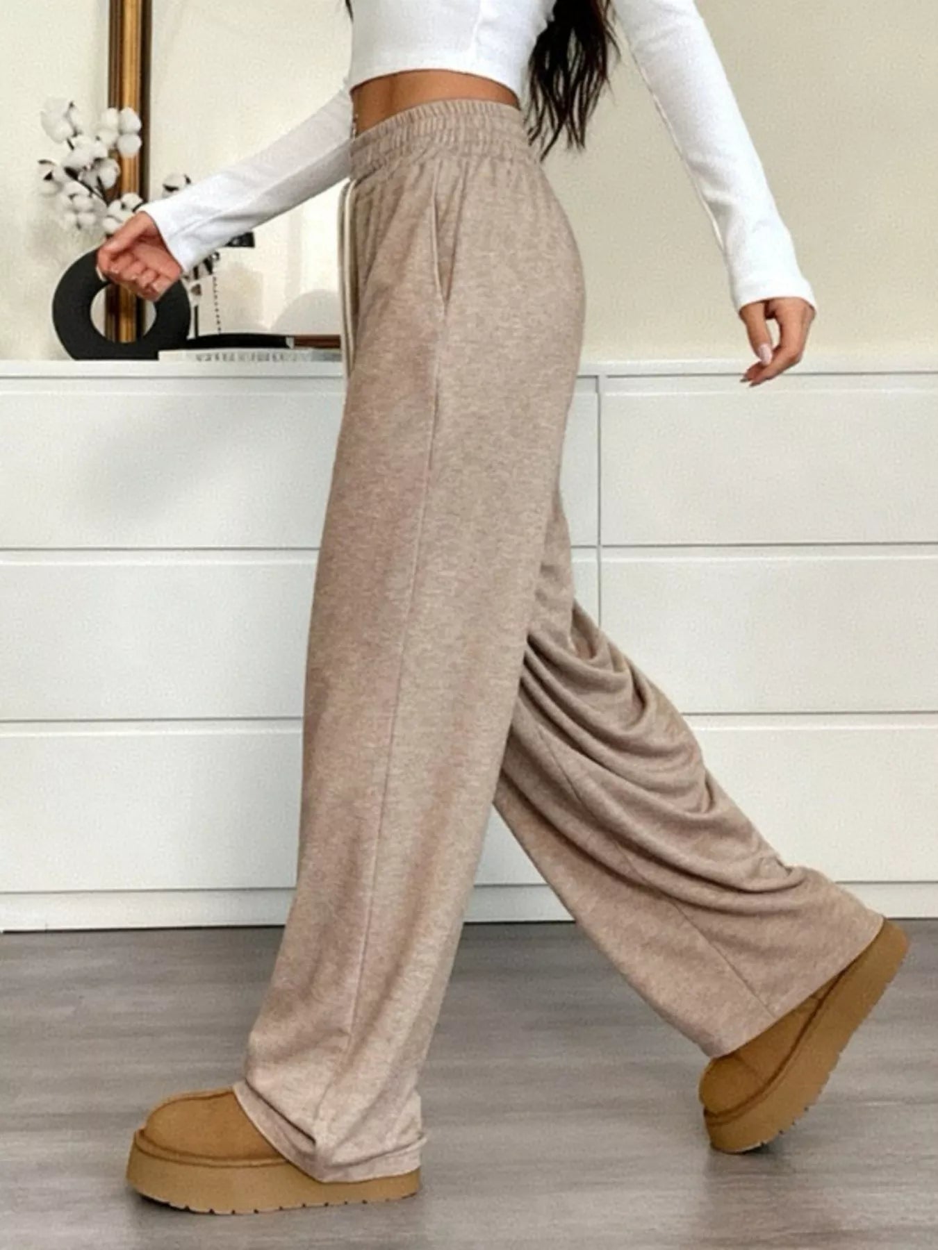 Drawstring Wide Leg Pants in Khaki