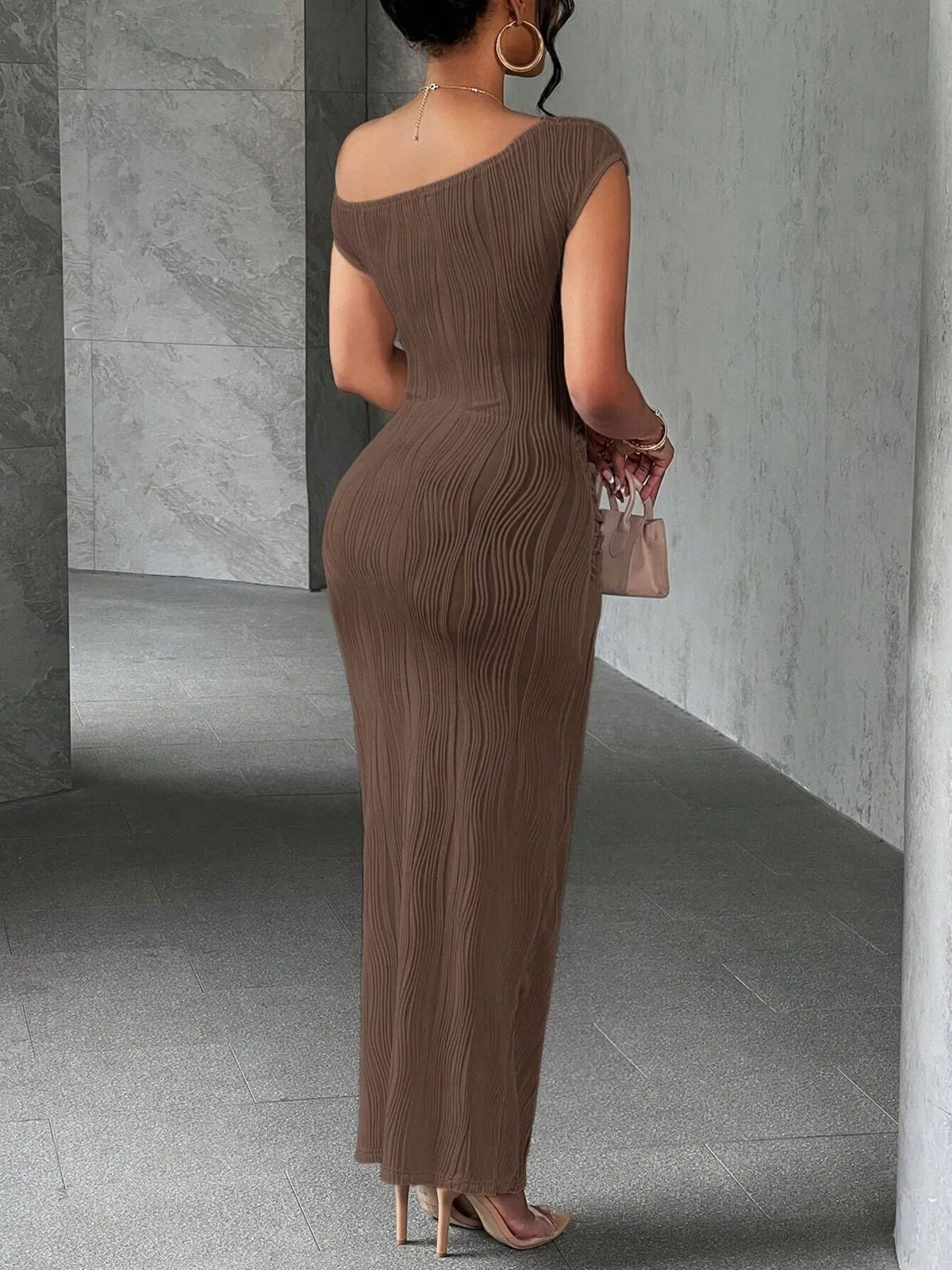 Ribbed Single Shoulder Bodycon Maxi Dress