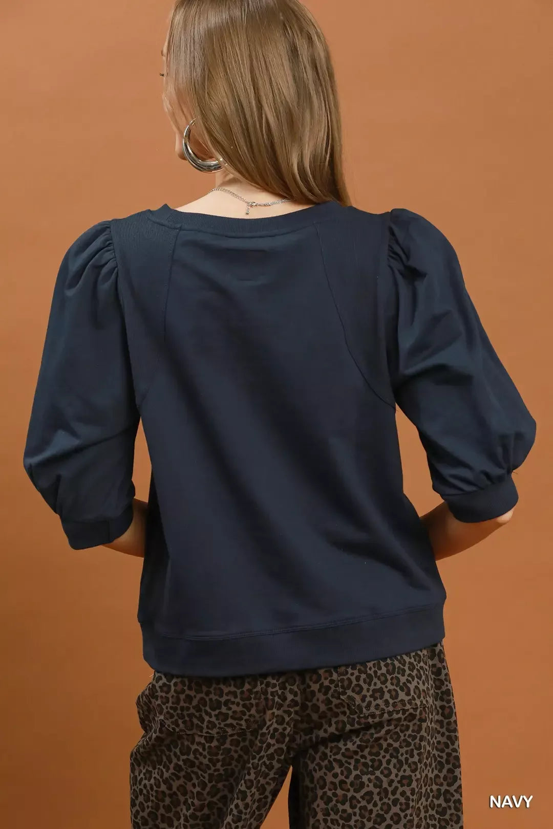 Umgee Puff Sleeve Sweatshirt in Navy