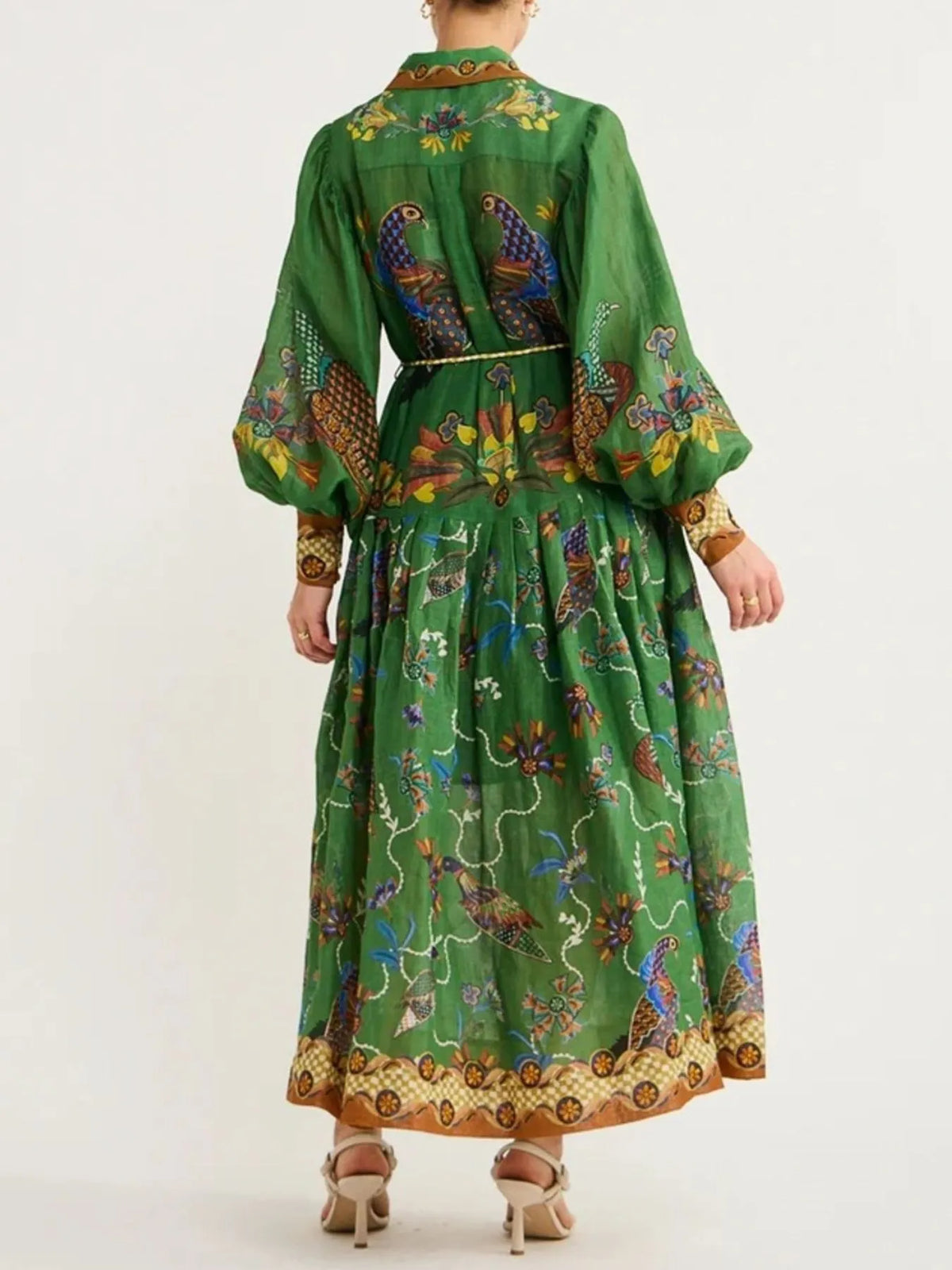 Printed Lantern Sleeve Shirt Dress in Green