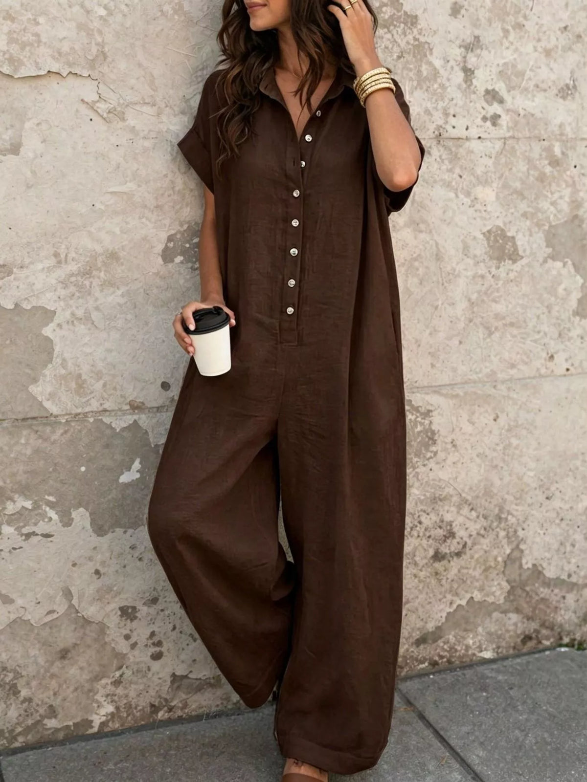 Classic Button-Front Short Sleeve Jumpsuit
