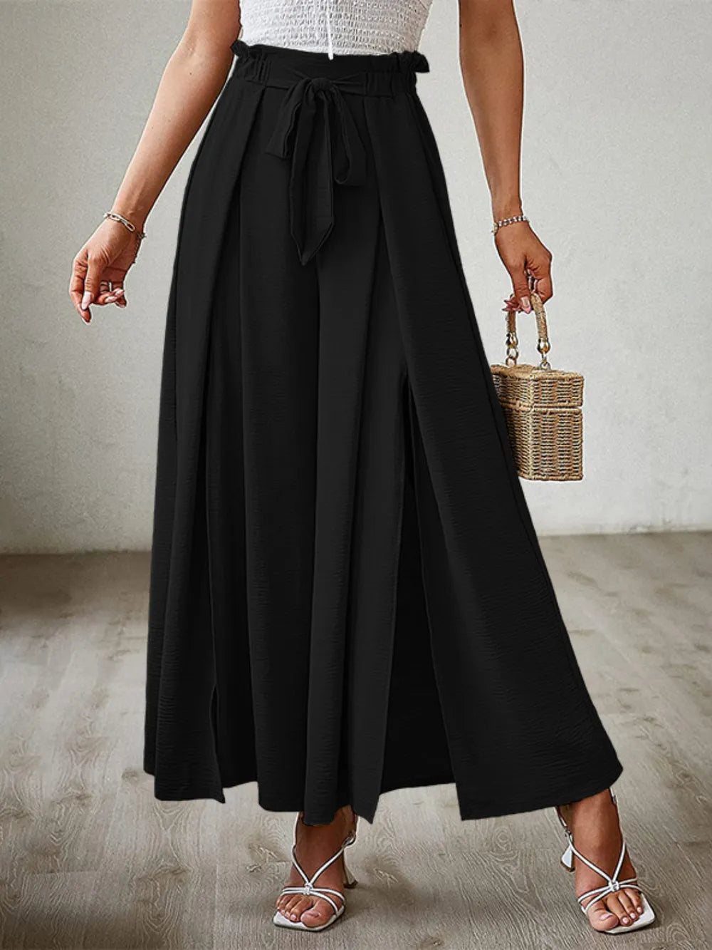 Wide Leg Pants with Tie and Slit