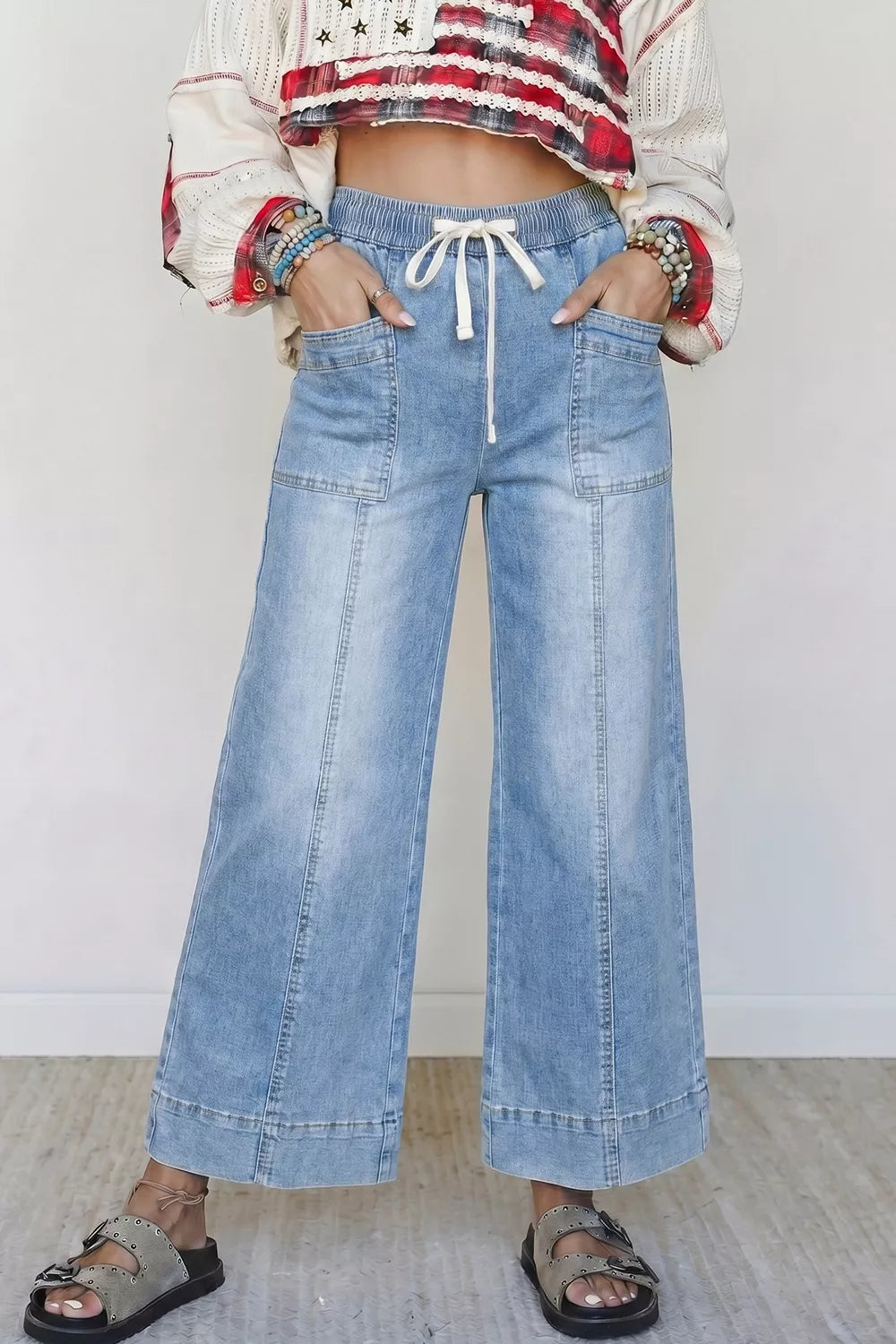 Drawstring Wide Leg Ankle Jeans in Light Blue