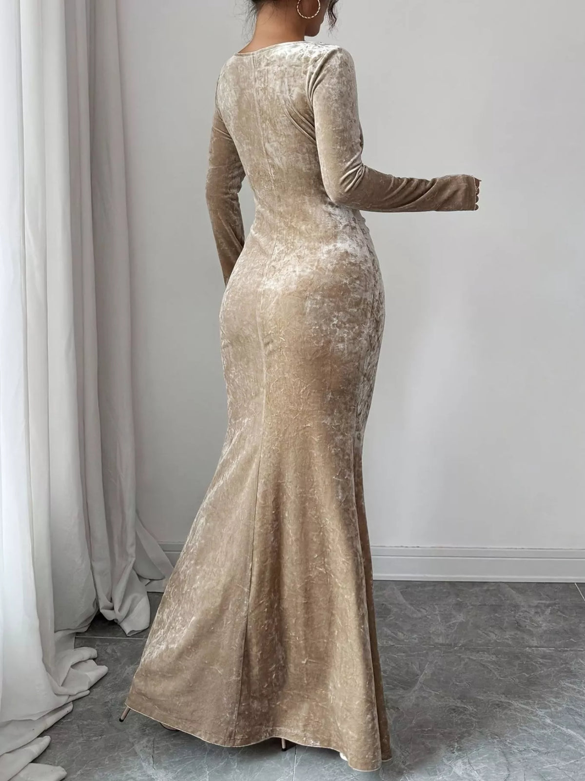 Velvet Ruched Bodycon Maxi Dress in Khaki