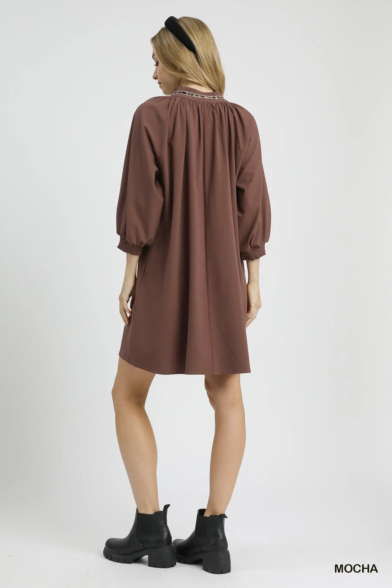Umgee Notched Shift Dress with Trim Detail in Mocha