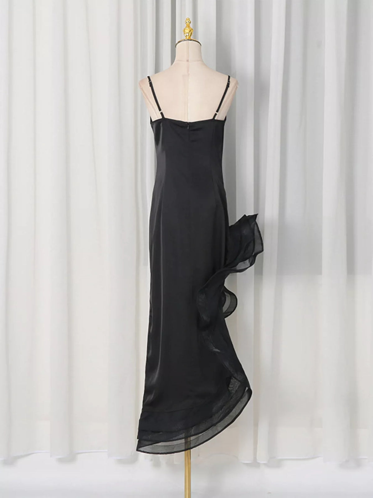 Spaghetti Strap Ruffle Slit Maxi Dress in Black