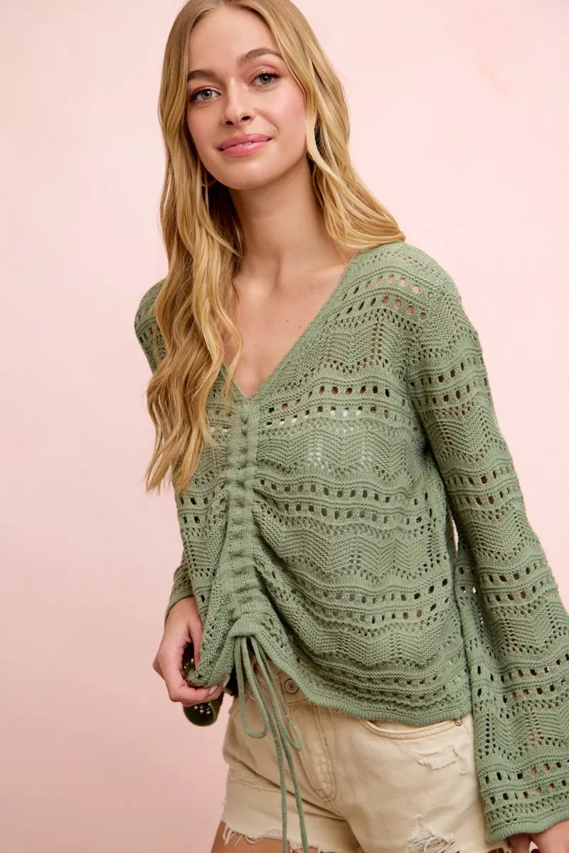 Pointelle V-Neck Ruched Top in Sage Green by BiBi