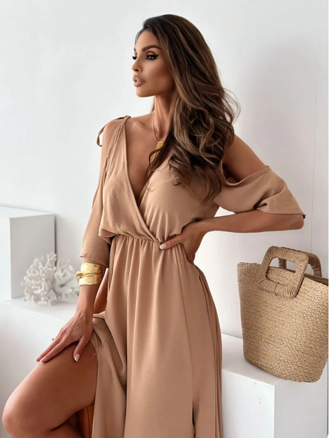 Tied-Shoulder Slit Maxi Dress