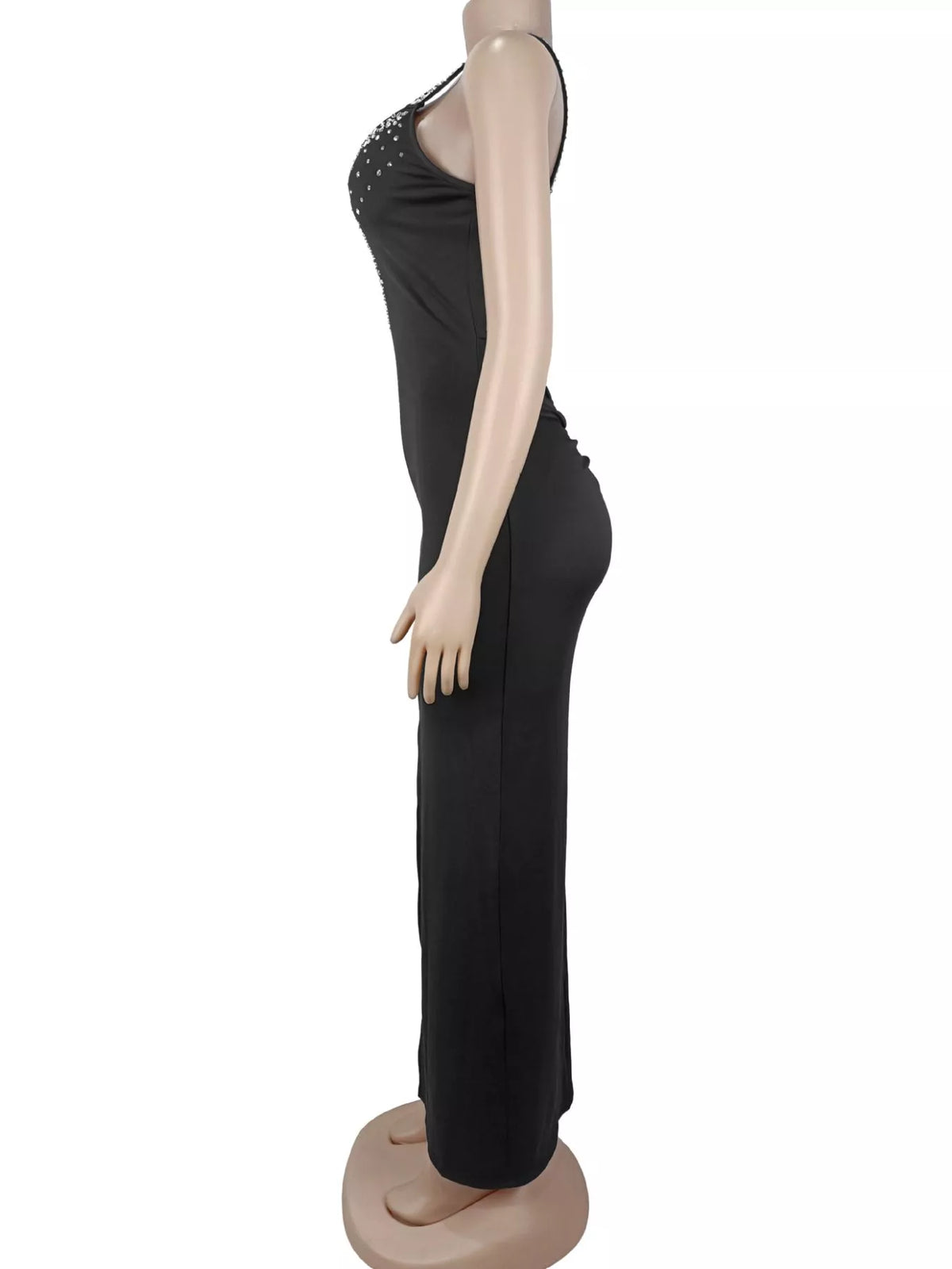 Rhinestone Cutout Back High Slit Maxi Dress in Black
