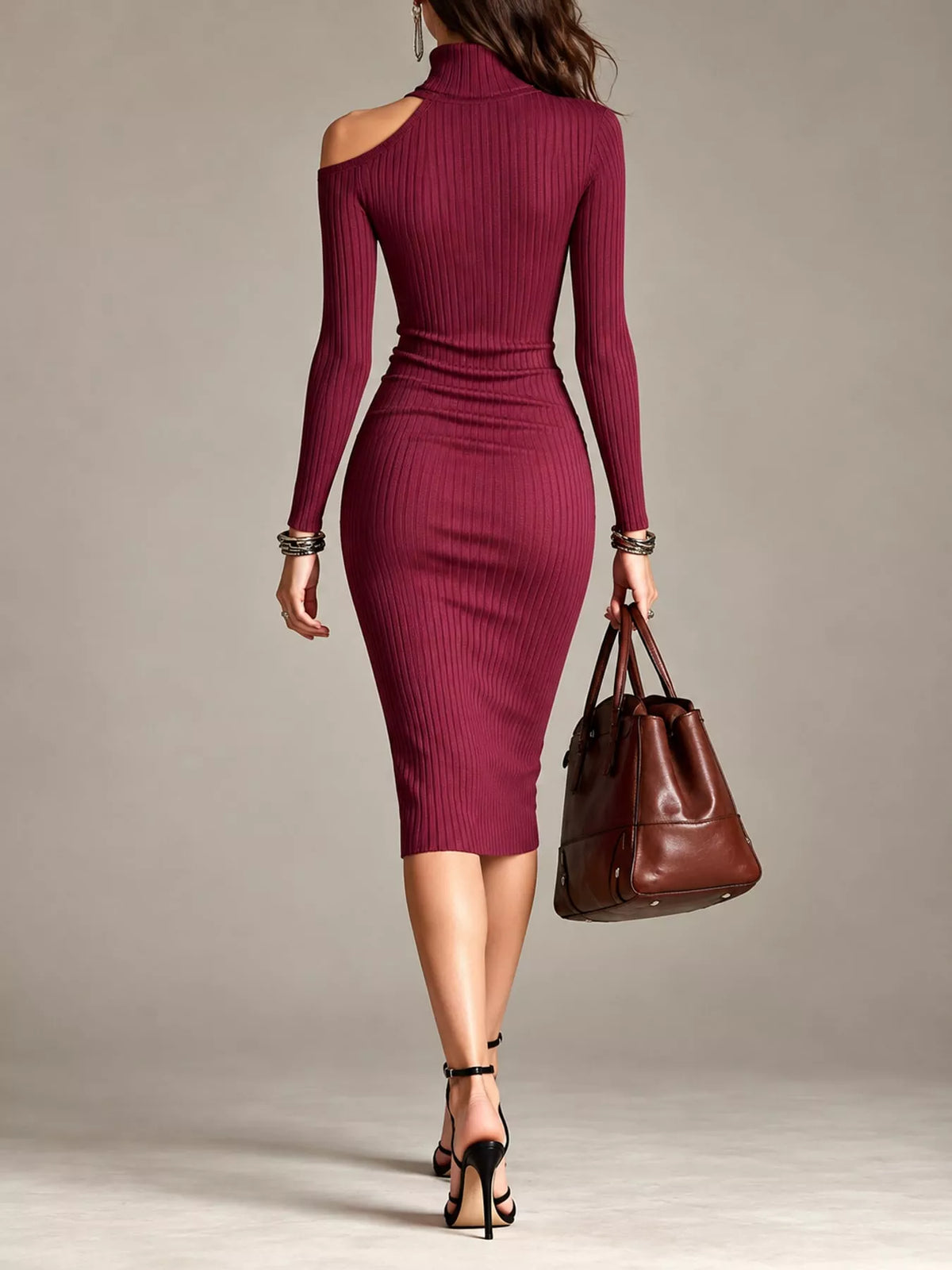 Cold-Shoulder Turtleneck Ribbed Dress