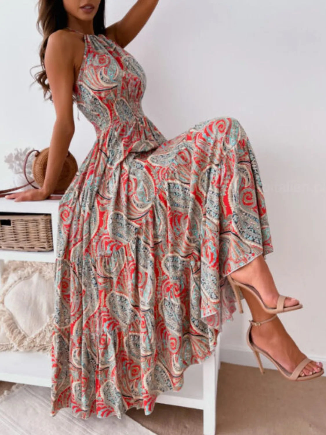 Halter Neck Tiered Maxi Dress in Red Flower