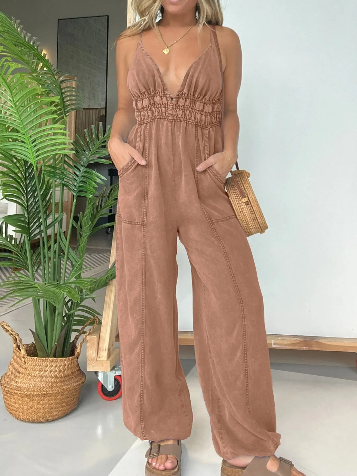 Smocked Spaghetti Strap Jumpsuit