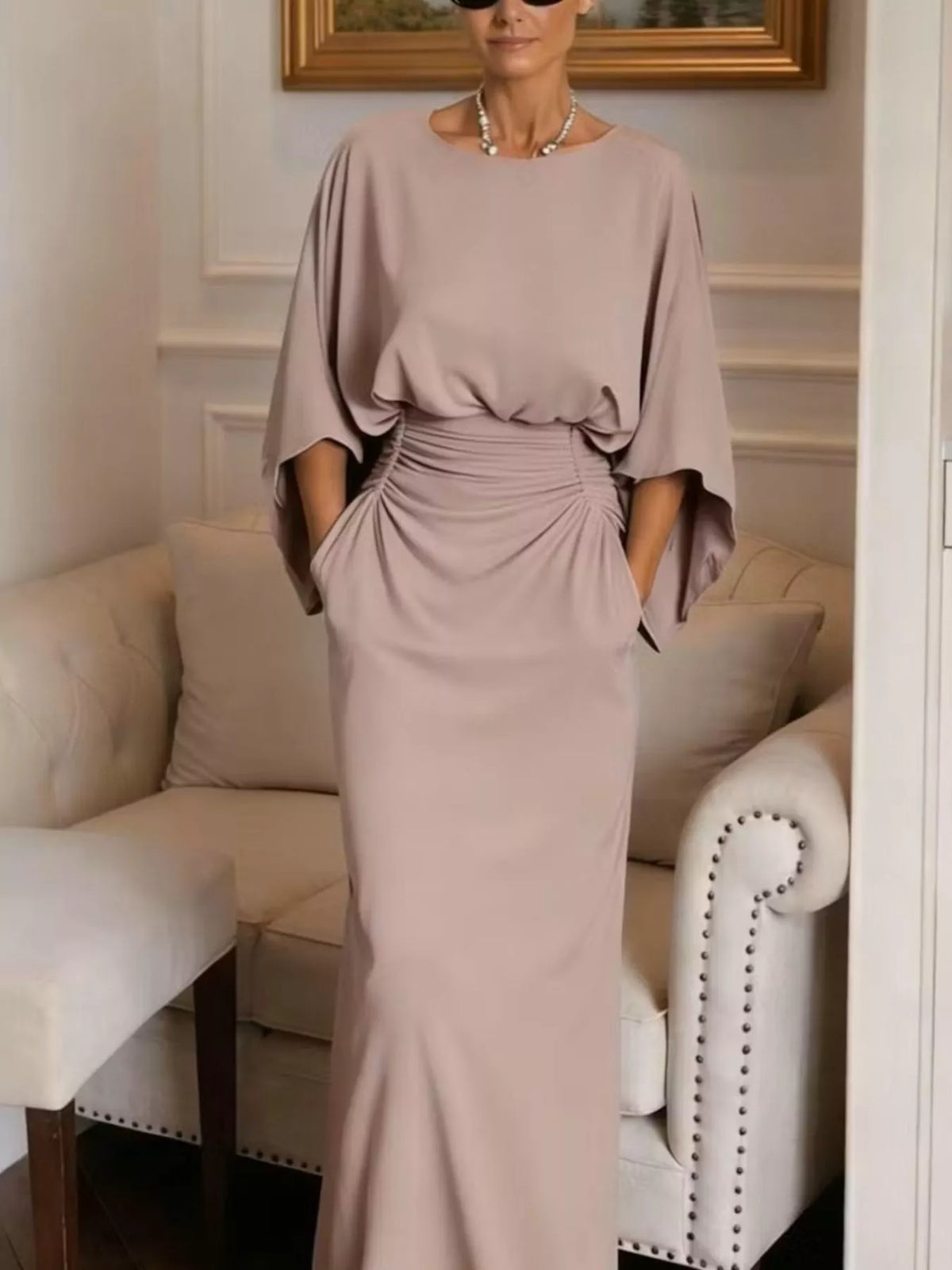 Ruched Batwing Sleeve Maxi Dress