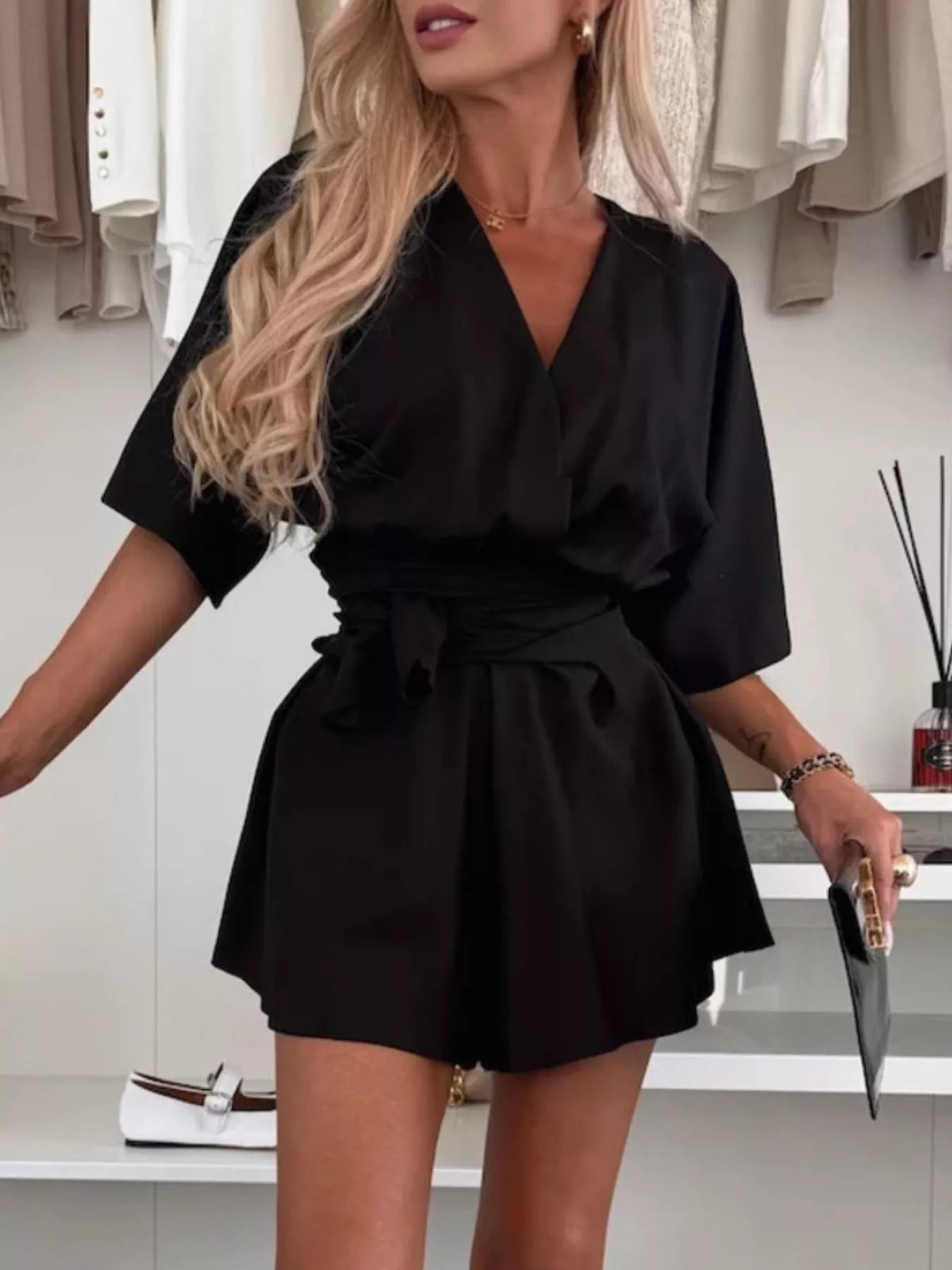 Belted Surplice Tie-Waist Romper