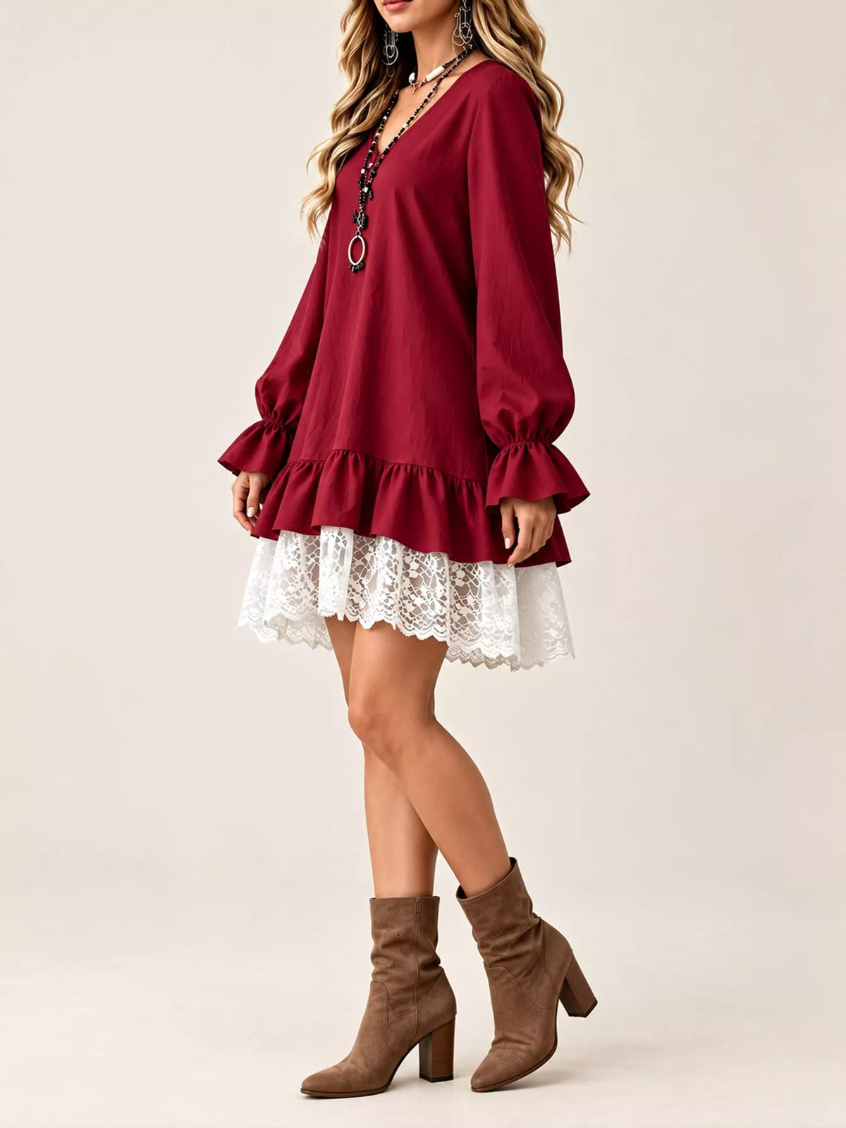 Lace Hem Flounce Sleeve Dress