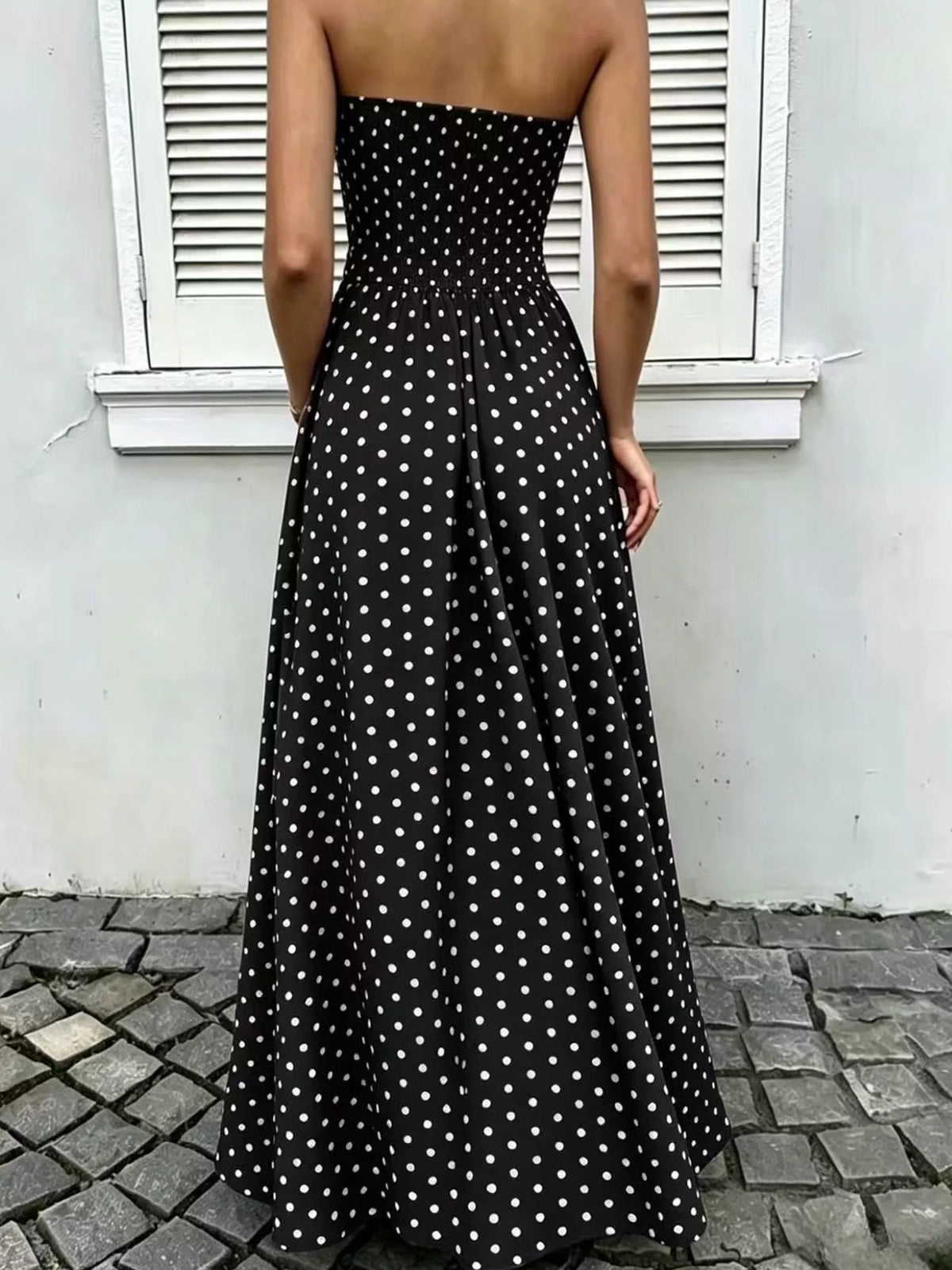 Strapless Polka Dot Ruched Maxi Dress