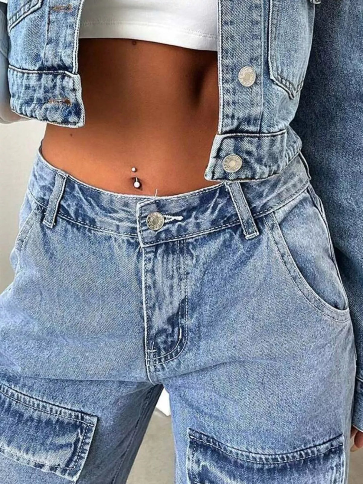Zip-Front High-Waisted Wide-Leg Cargo Jeans by Dreamy Drapes