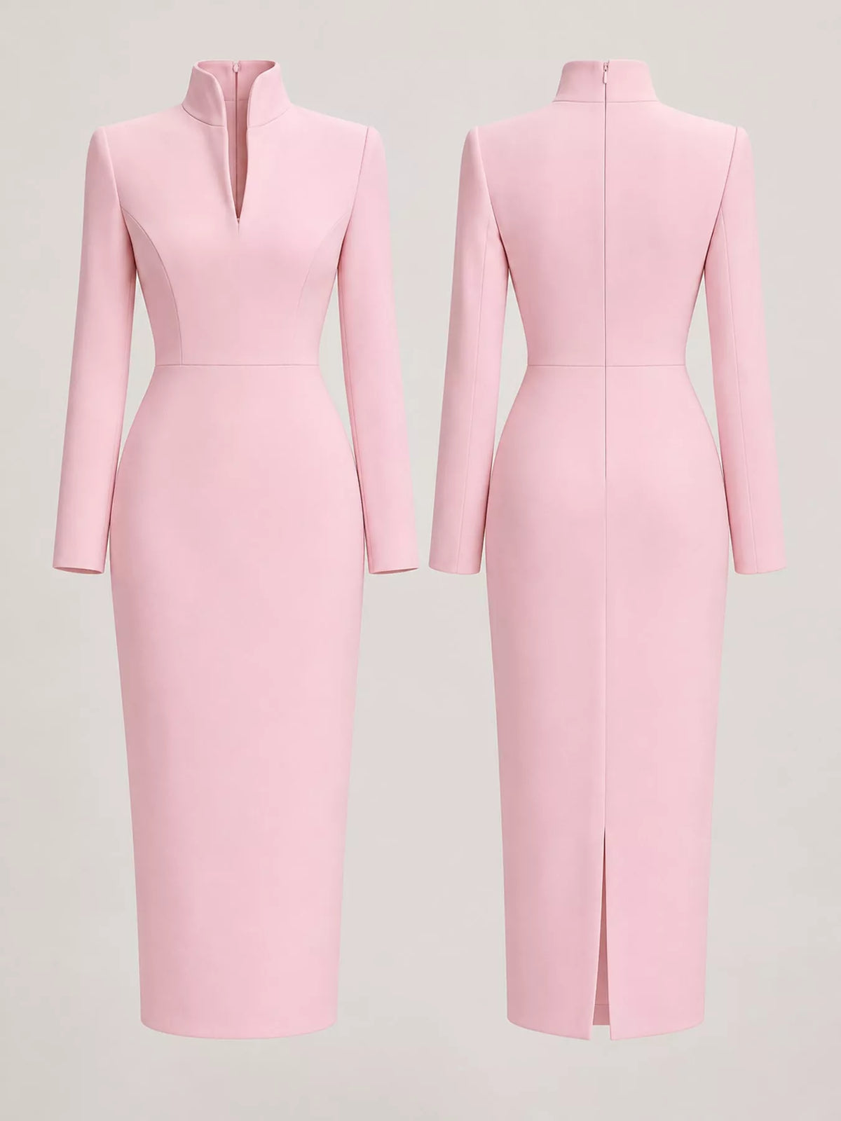 Plus Size Stand-Collar Long-Sleeve Midi Dress