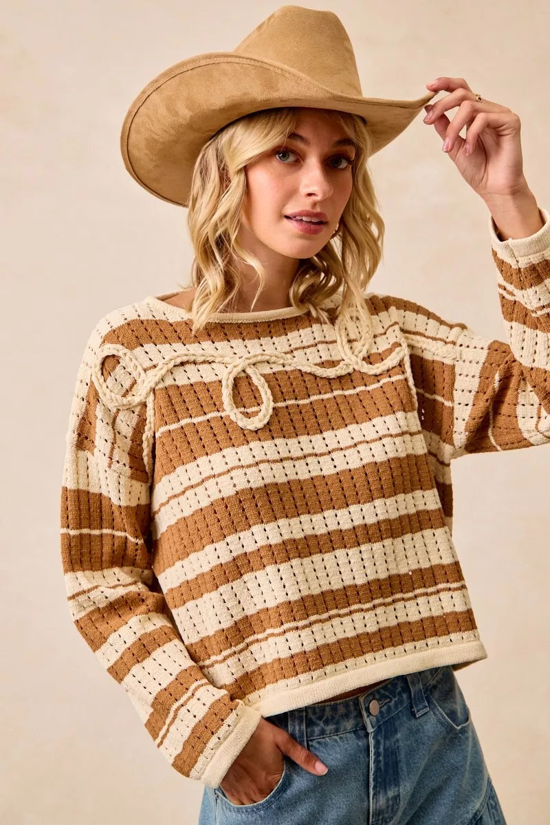 Striped Open-Knit Sweater Top in Brown by BiBi