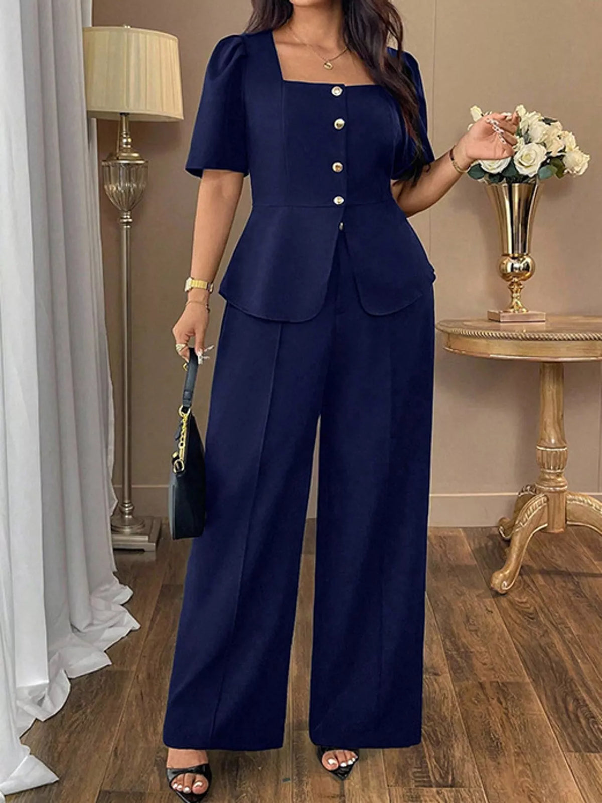 Peplum Top and Wide-Leg Pants Two-Piece Set